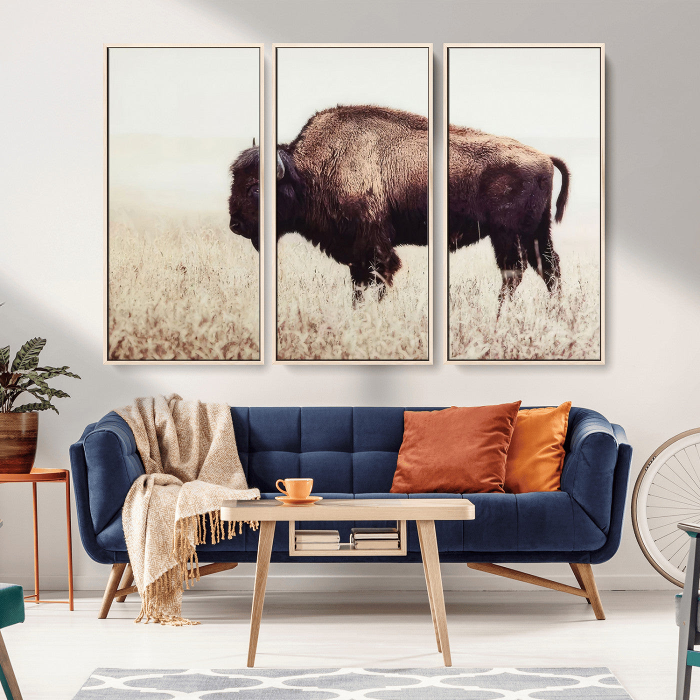 48406-MGV-FC-48X32-3P_Natural-American Bison Wall Art – Rustic Buffalo Canvas Print in Prairie Field, Western Wildlife Photography Decor for Cabin, Lodge,