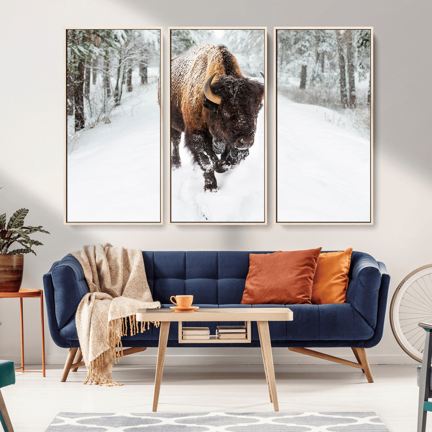 10109-MGV-FC-48X32-3P_Natural-Majestic Bison Winter Wall Art – Snowy Forest Buffalo Canvas Print, Rustic Wildlife Photography Decor for Cabin, Lodge, Living