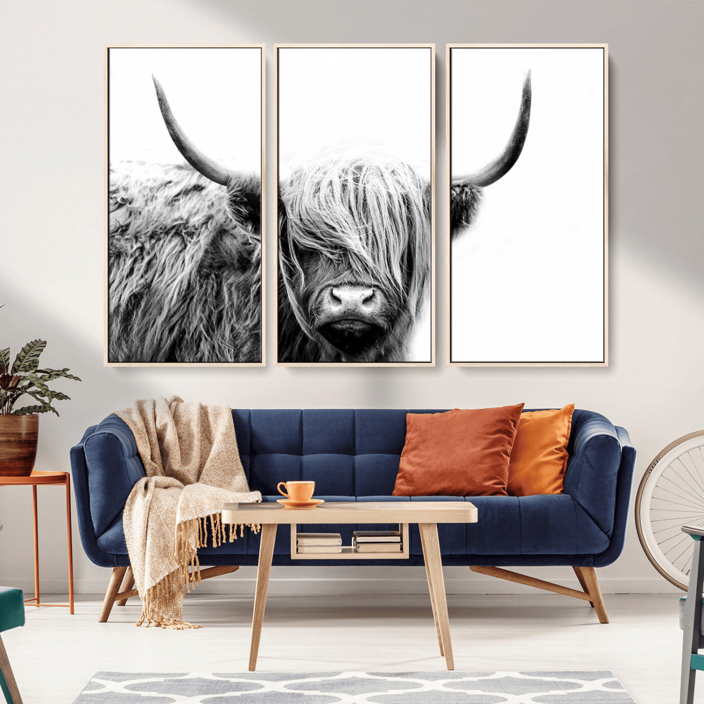 51957-MGV-FC-48X32-3P_Natural-Highland Cow Wall Art – Black and White Scottish Highland Bull Canvas Print, Rustic Farmhouse Animal Decor for Living Room,