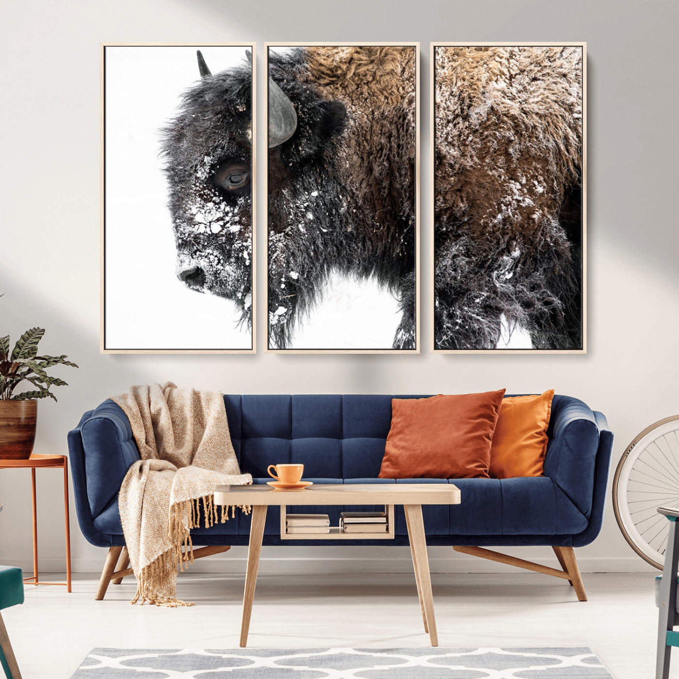24304-MGV-FC-48X32-3P_Natural-Bison Wall Art Canvas Print, Framed Winter Bison Art Picture Print, Snowy Buffalo Perfect Rustic Farmhouse Decor Artwork