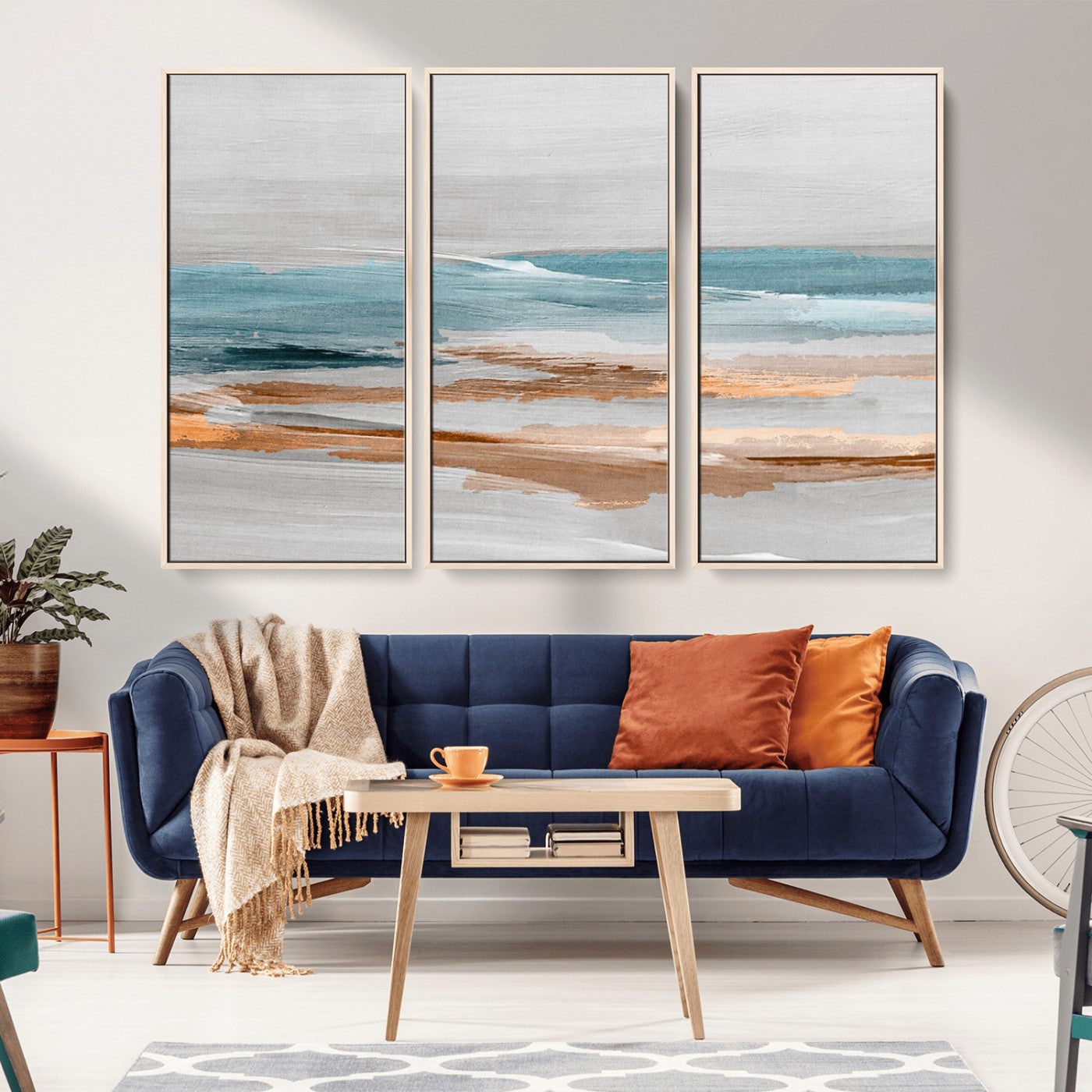 23430-MGV-FC-48X32-3P_Natural-Abstract Coastal Wall Art – Modern Ocean Horizon Canvas Print, Minimalist Beach Scene Painting for Bedroom, Living Room, Office or