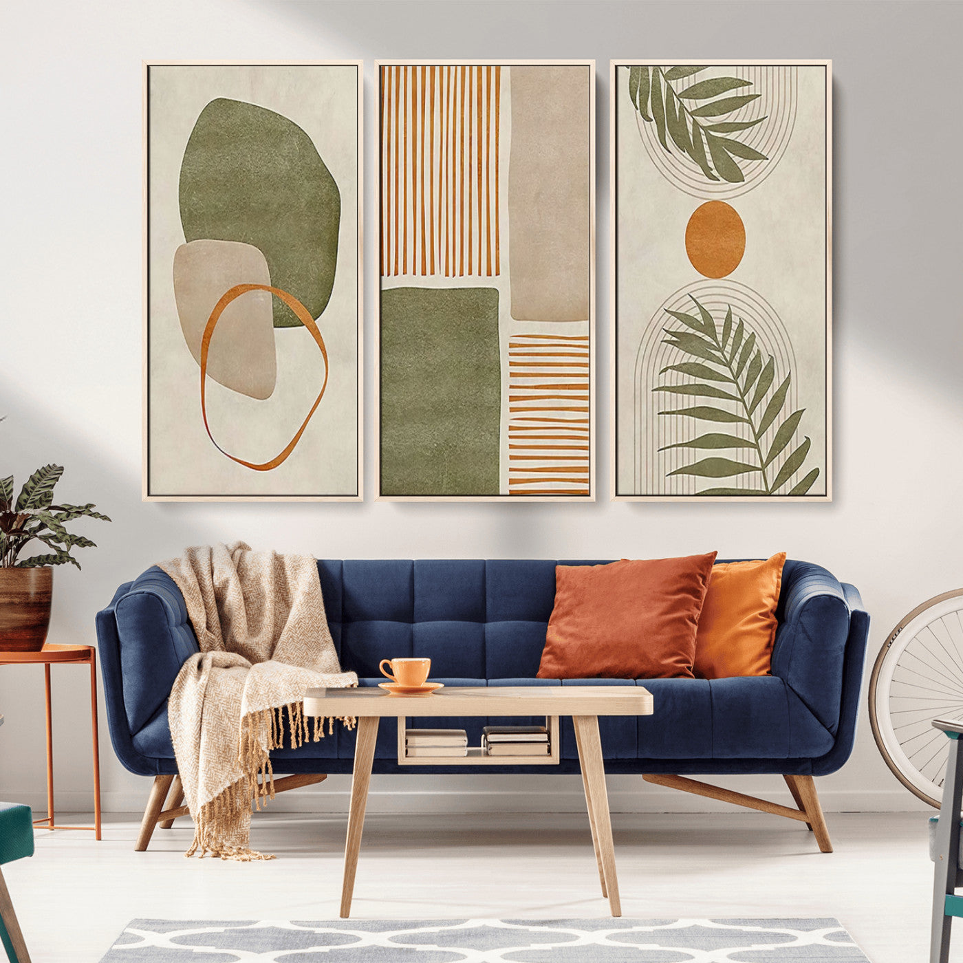 96002-MGV-CV-36X24-Abstract Geometric Wall Art – Modern Canvas Print with Green, Orange & Beige Shapes, Minimalist Home Decor for Living Room, Office