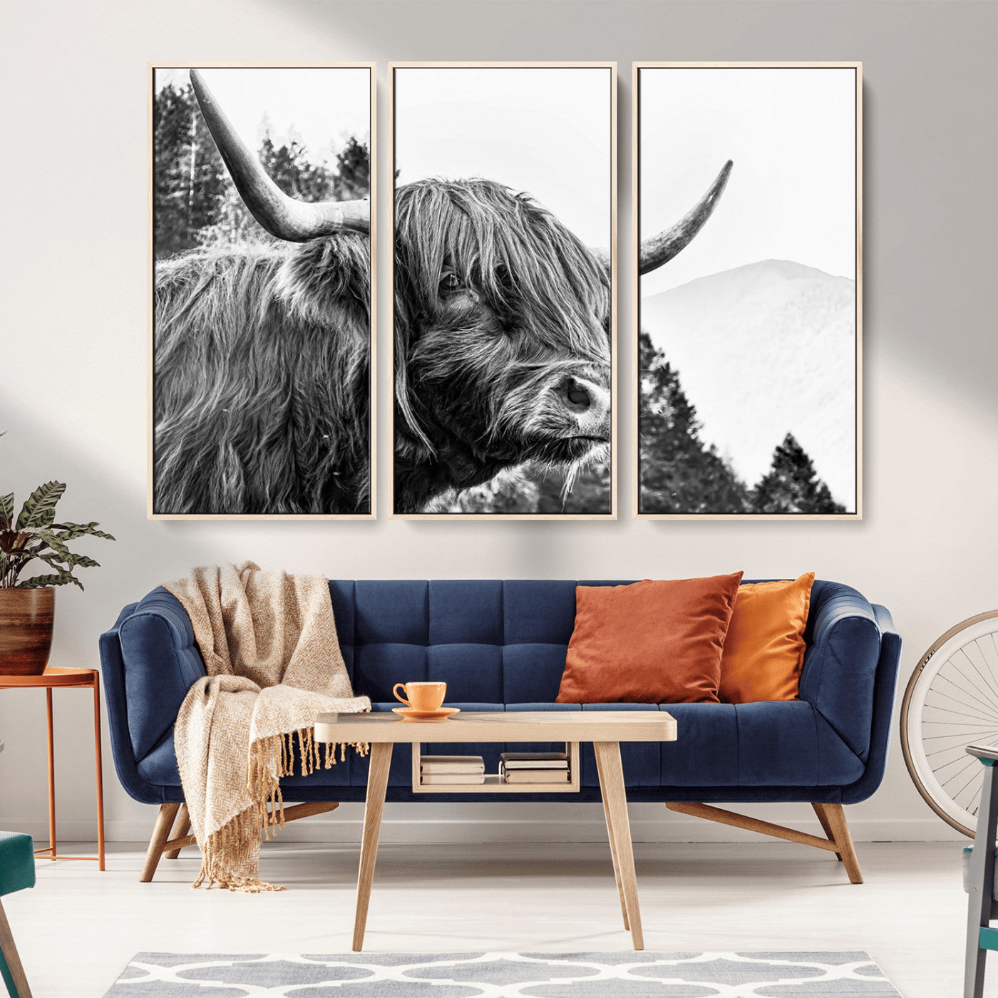 61570-MGV-CV-36X24-Highland Cow Wall Art – Black and White Scottish Bull Canvas Print, Rustic Farmhouse Animal Decor for Living Room, Bedroom, or