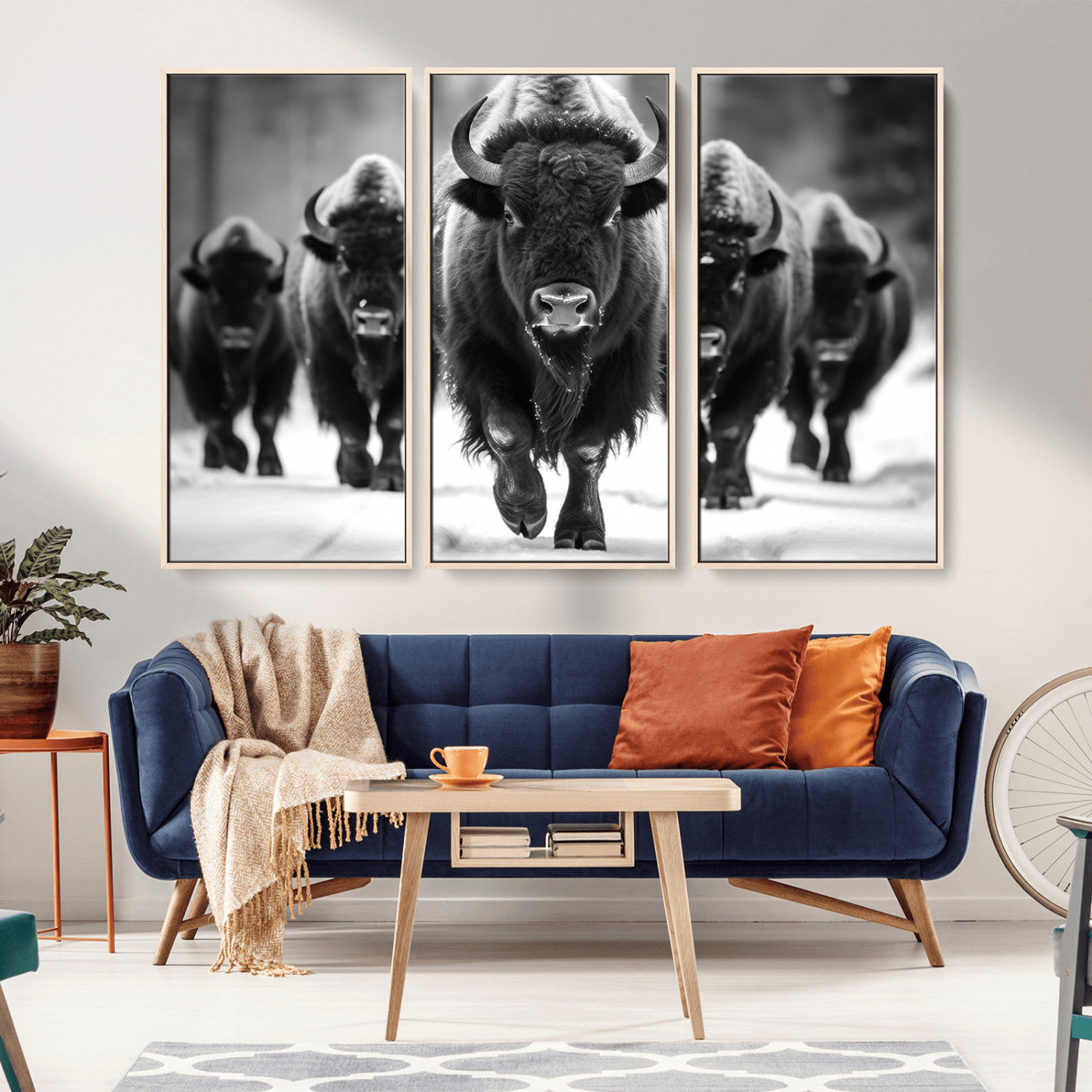 79872-MGV-CV-36X24-Bison Herd Wall Art – Black and White Buffalo on Snow Canvas Print, Rustic Wildlife Decor for Lodge, Cabin, or Living Room