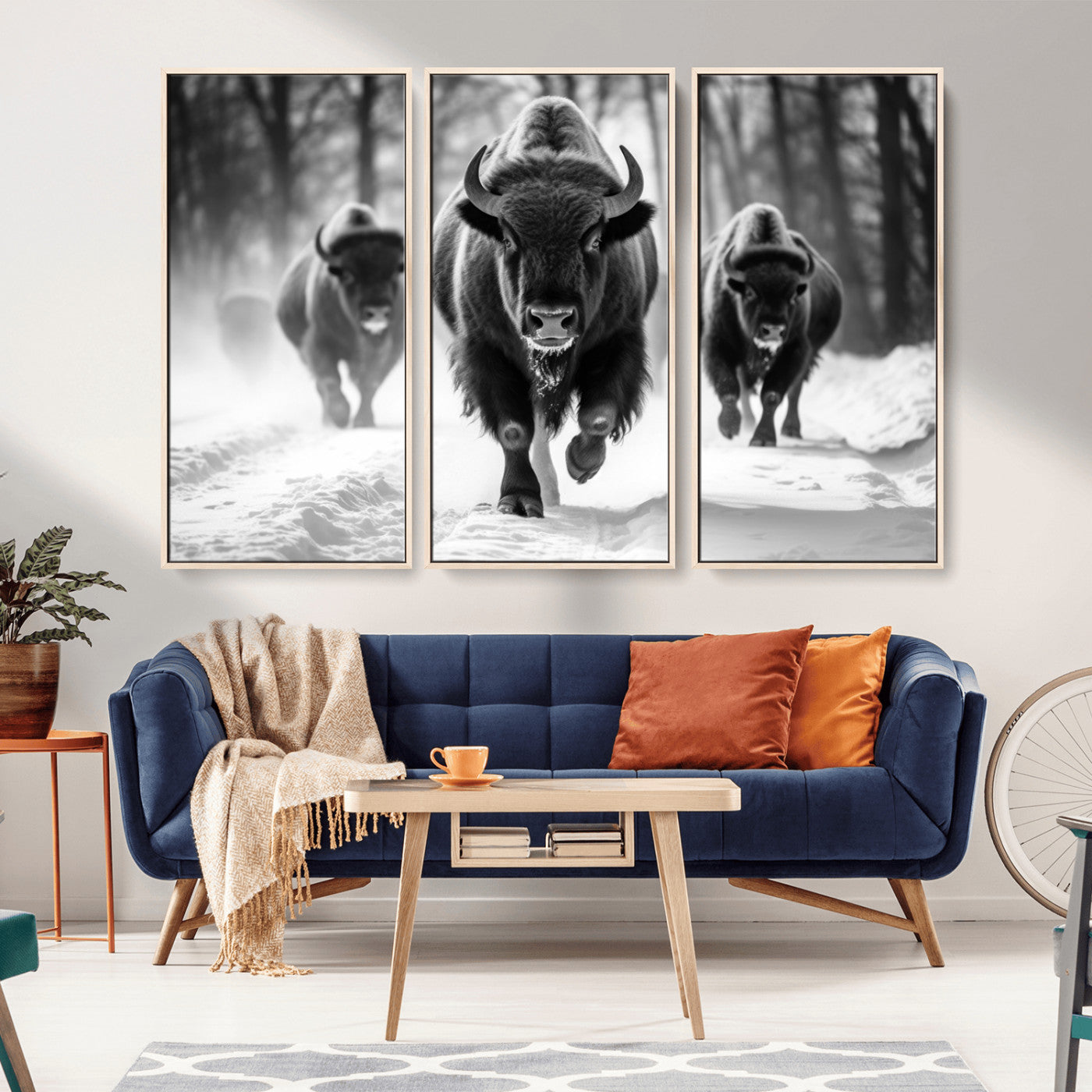 97552-MGV-CV-36X24-Black and White Bison Wall Art – Buffalo Herd Running in Snow Canvas Print, Rustic Wildlife Photography Decor for Cabin, Lodge, or