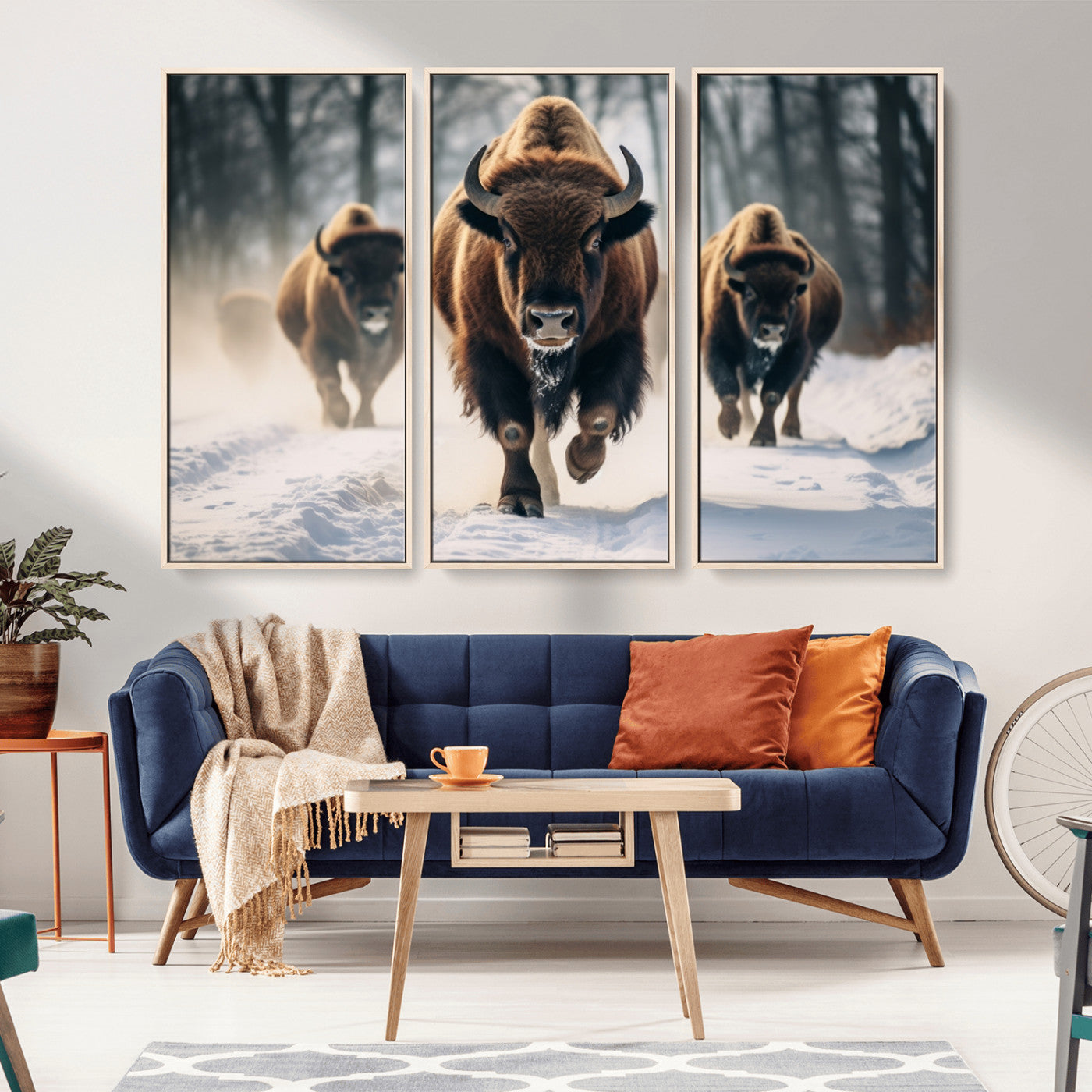 56549-MGV-FC-48X32-3P_Natural-Wild Bison Wall Art – Majestic Buffalo Herd Running in Snow Canvas Print, Rustic Wildlife Photography Decor for Cabin, Lodge, or