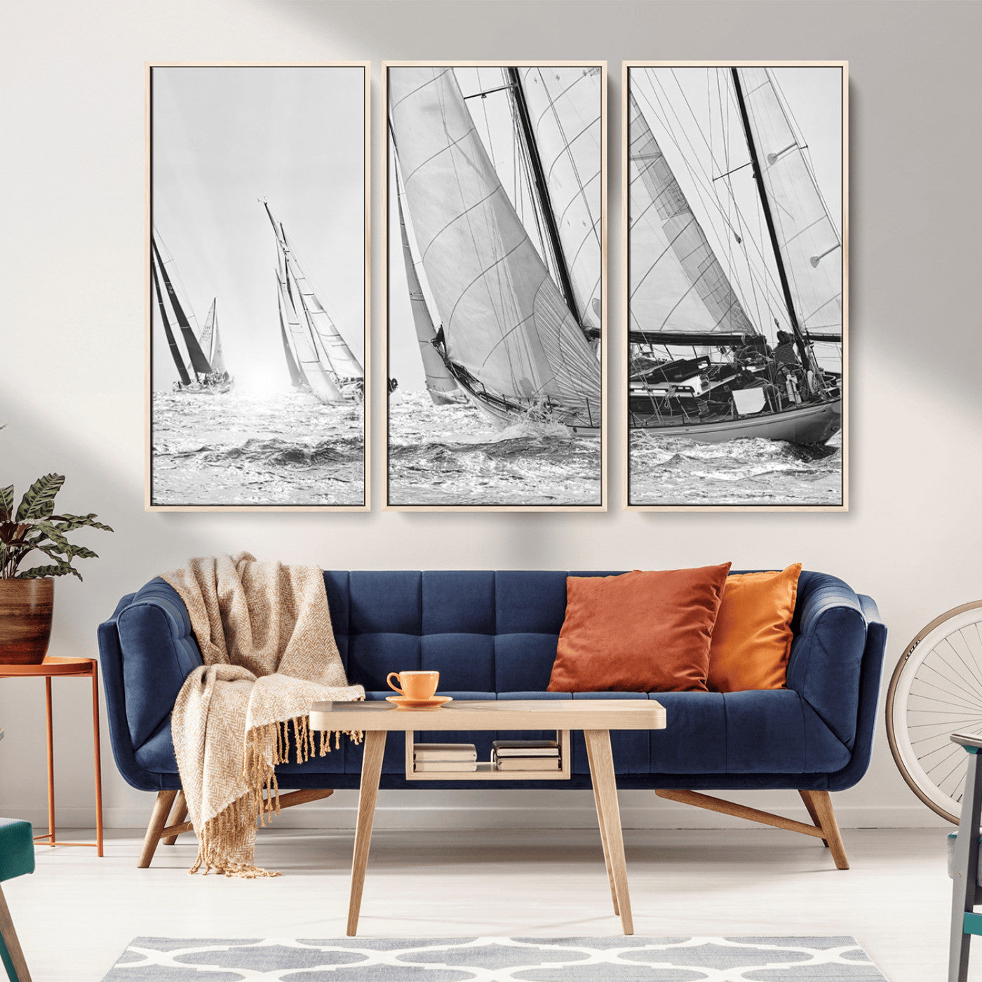 Boat-1-MGV-CV-36X24-Sailboat Racing Wall Art – Nautical Black and White Canvas Print, Ocean Adventure Decor for Office, Living Room or Bedroom