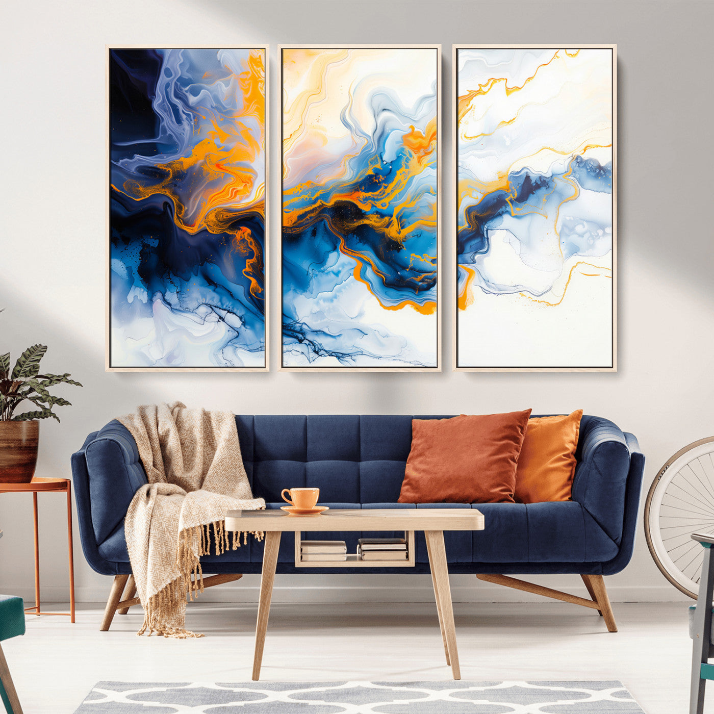 83720-MGV-CV-36X24-Abstract Fluid Wall Art – Blue, White and Gold Swirl Canvas Painting, Modern Contemporary Artwork for Living Room, Bedroom or