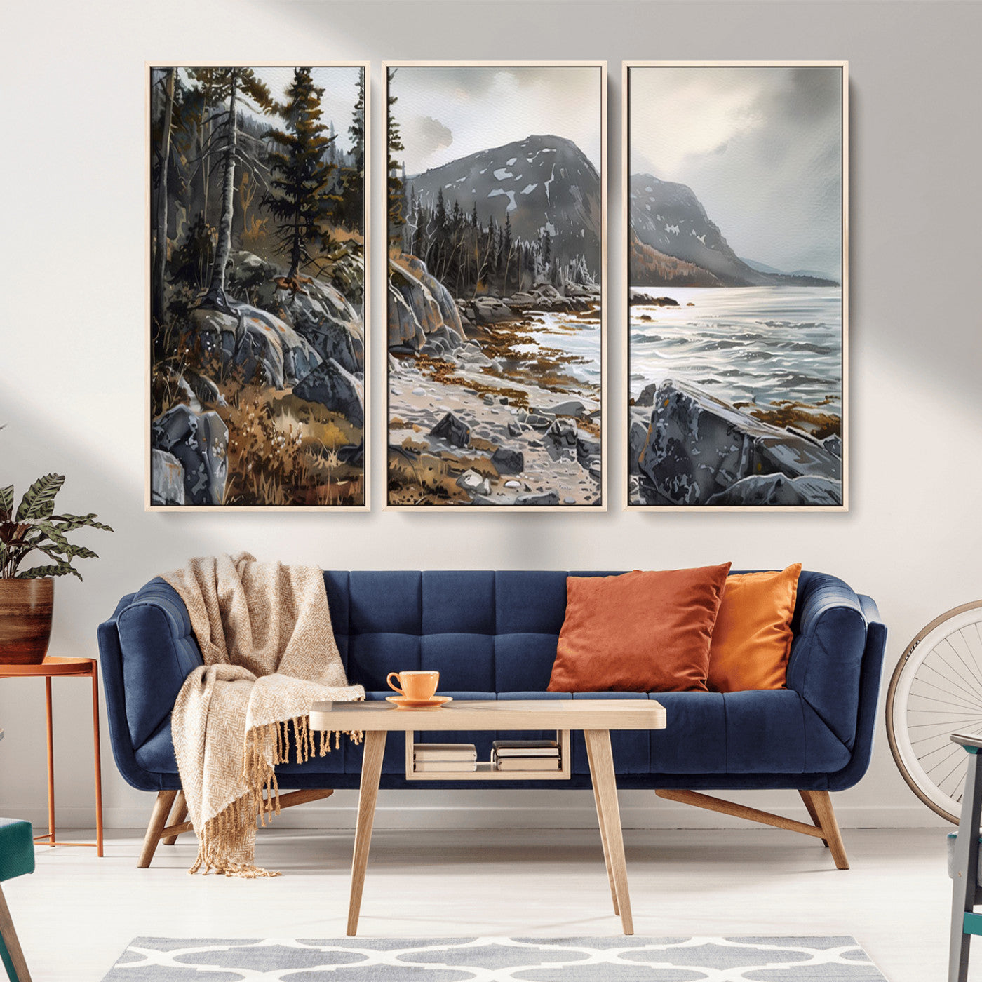 41281-MGV-FC-48X32-3P_Natural-Rocky Shoreline Wall Art – Panoramic Mountain Coast and Forest Canvas Print, Rustic Nature Landscape Decor for Cabin, Lodge, or