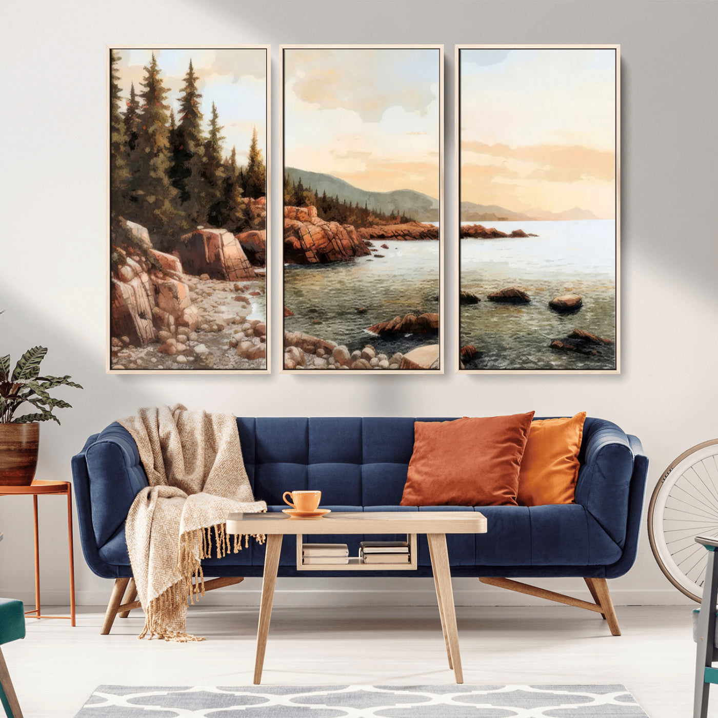 77145-MGV-FC-48X32-3P_Natural-Coastal Landscape Wall Art – Panoramic Rocky Shoreline and Pine Trees Canvas Print, Rustic Nature Decor for Cabin, Lodge, Office,
