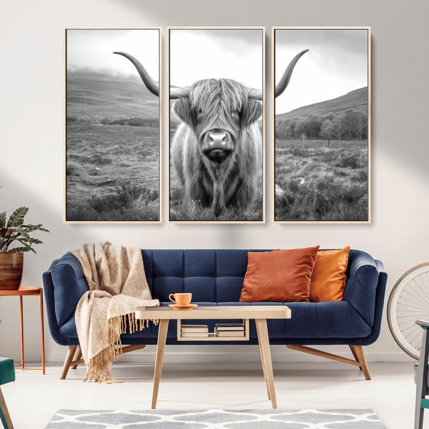 52903-MGV-FC-48X32-3P_Natural-Highland Cow Wall Art – Black and White Canvas Print Rustic Cattle Portrait, Farmhouse Country Decor for Living Room, Office,