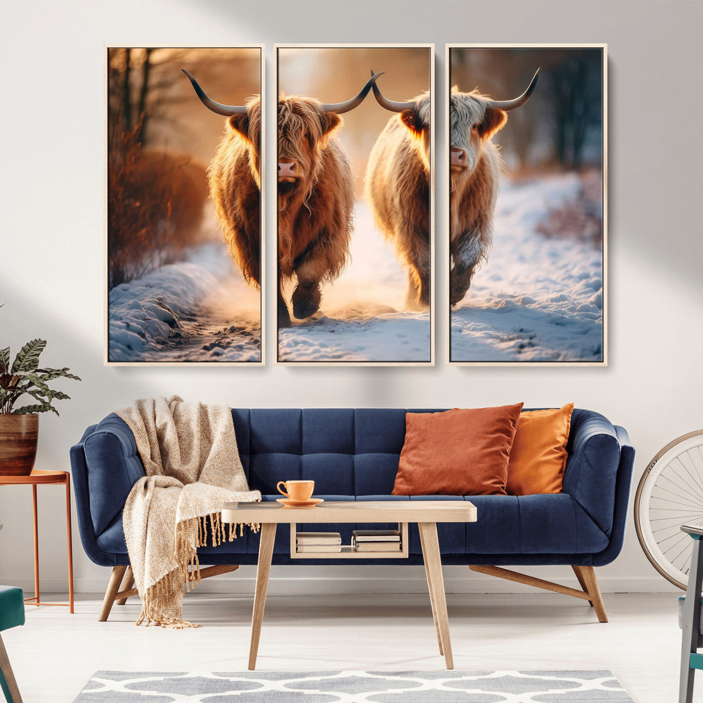 94810-MGV-CV-36X24-Highland Cow Wall Art – Rustic Canvas Print Two Cattle Snow Path Sunset, Farmhouse Country Decor for Living Room, Bedroom, Office,