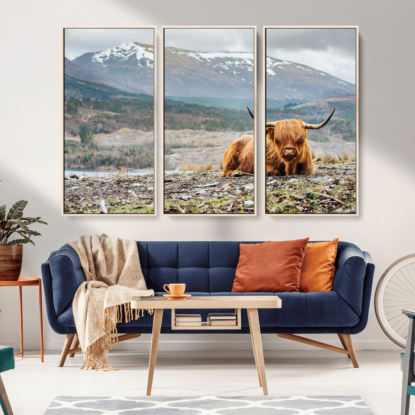 80252-MGV-FC-48X32-3P_Natural-Scottish Cow Wall Art Canvas Print, Framed Highland Cow Art Picture Print, Highland Cattle Perfect Rustic Farmhouse Decor Artwork