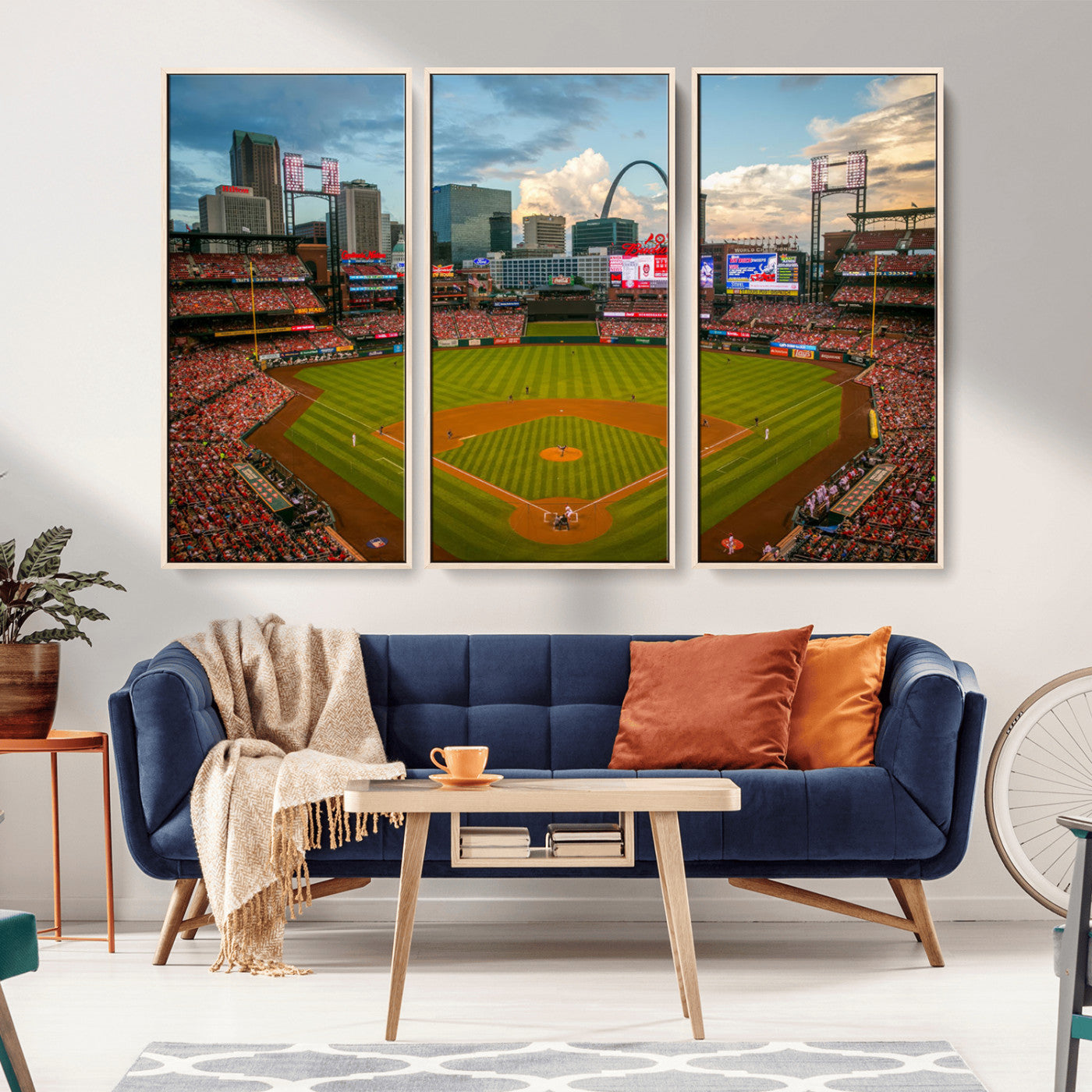 91908-MGV-FC-48X32-3P_Natural-Baseball Stadium Wall Art – Canvas Print Game Day Field City Skyline Iconic Arch Scene Sports Photography, Decor for Game Room,