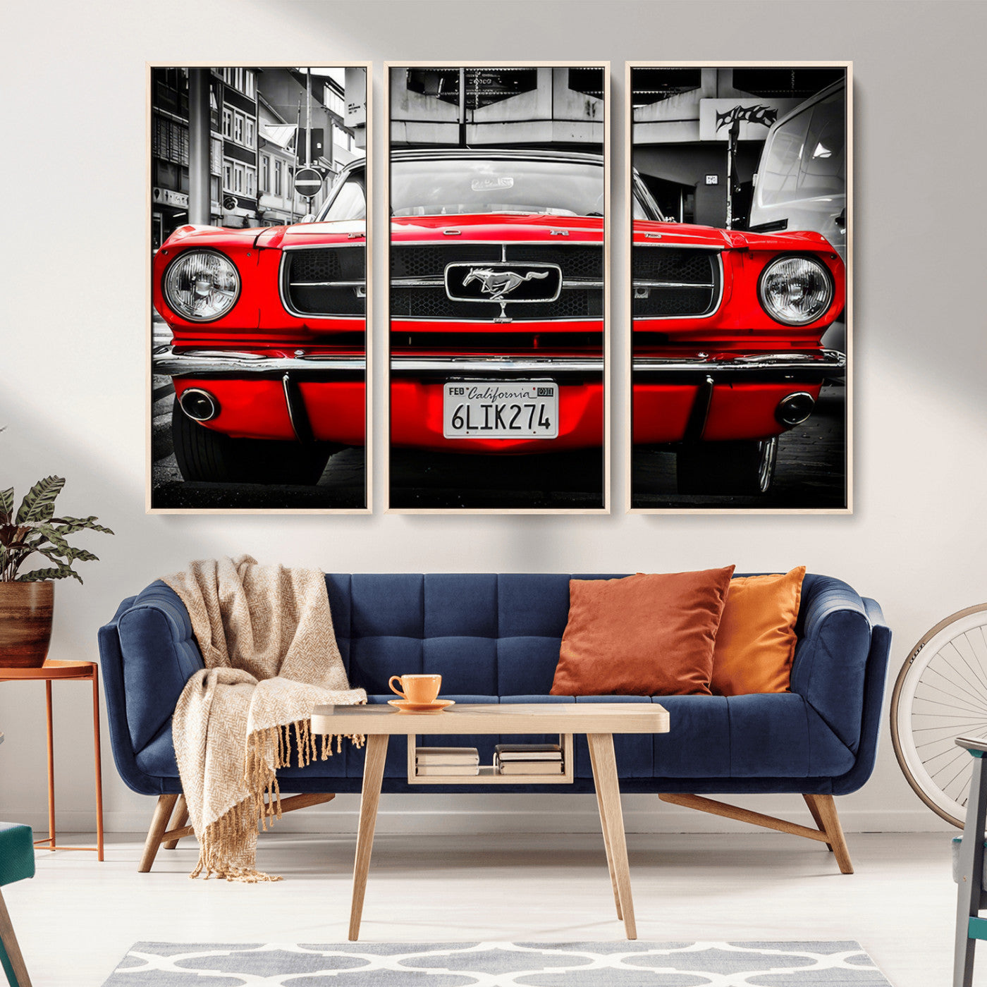 20365-MGV-CV-36X24-Red Classic Ford Mustang Wall Art – Vintage Muscle Car Print with Selective Color, Retro Automotive Decor for Garage, Man Cave,