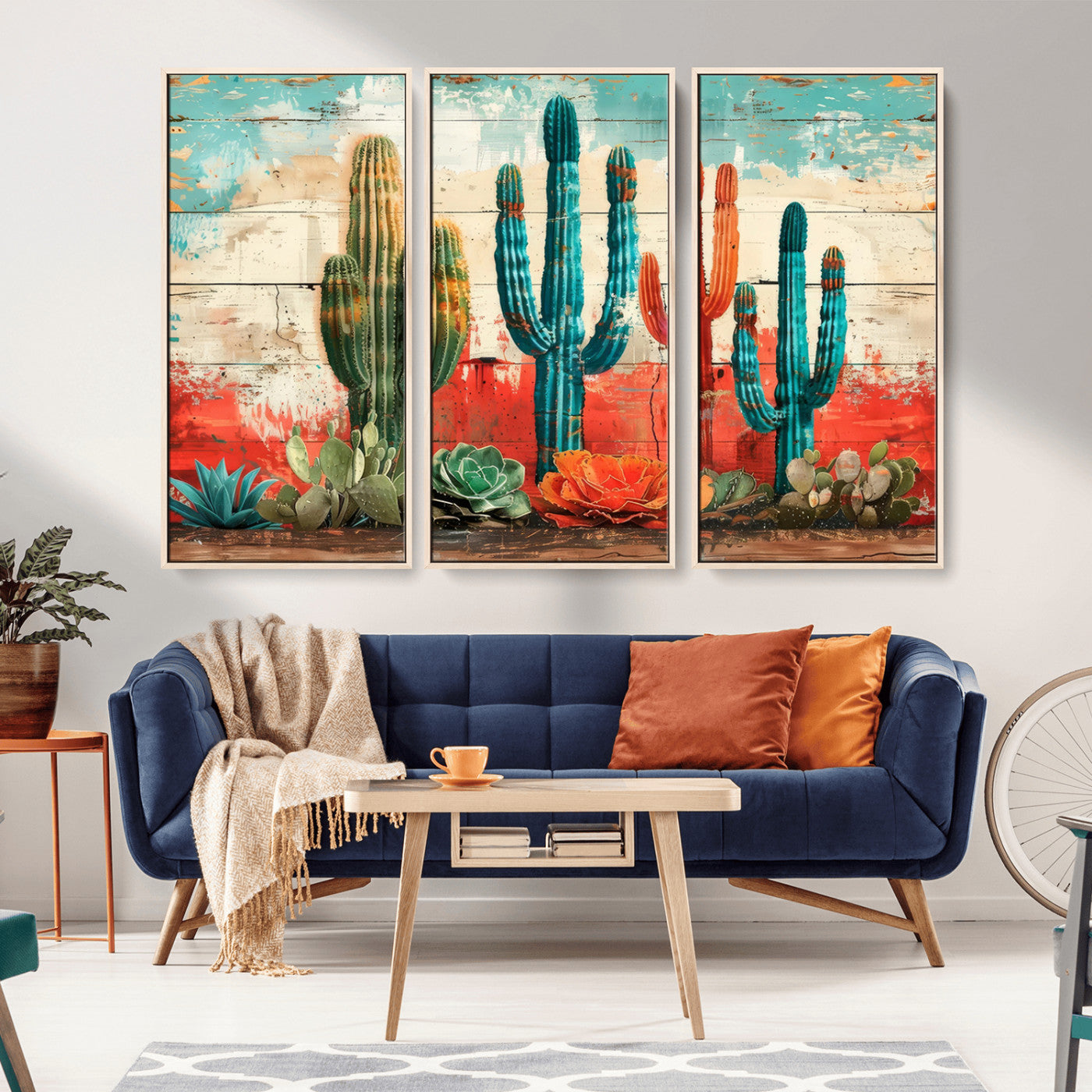 27998-MGV-CV-36X24-Southwestern Cactus Wall Art – Colorful Desert Succulent Print in Turquoise & Orange, Rustic Boho Farmhouse Decor for Living Room,