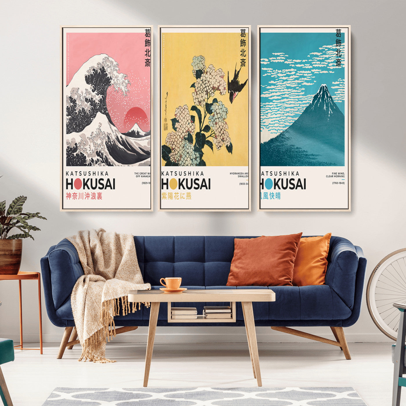Katsushika-MGV-CV-36X24-Katsushika Hokusai Wall Art Set – The Great Wave, Hydrangea and Swallow, Fine Wind Canvas Prints, Japanese Ukiyo e Style Home and