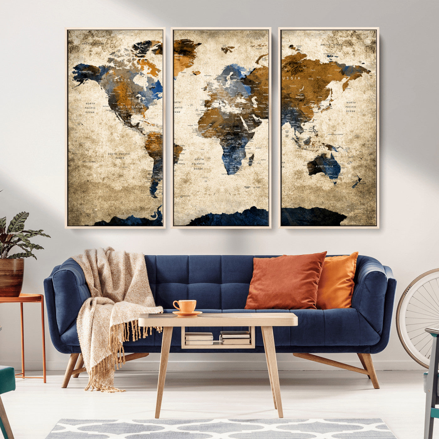 51140-MGV-CV-36X24-Vintage World Map Wall Art – Rustic Blue and Brown Canvas Print, Large Travel Map Decor for Office, Study, Classroom or Living