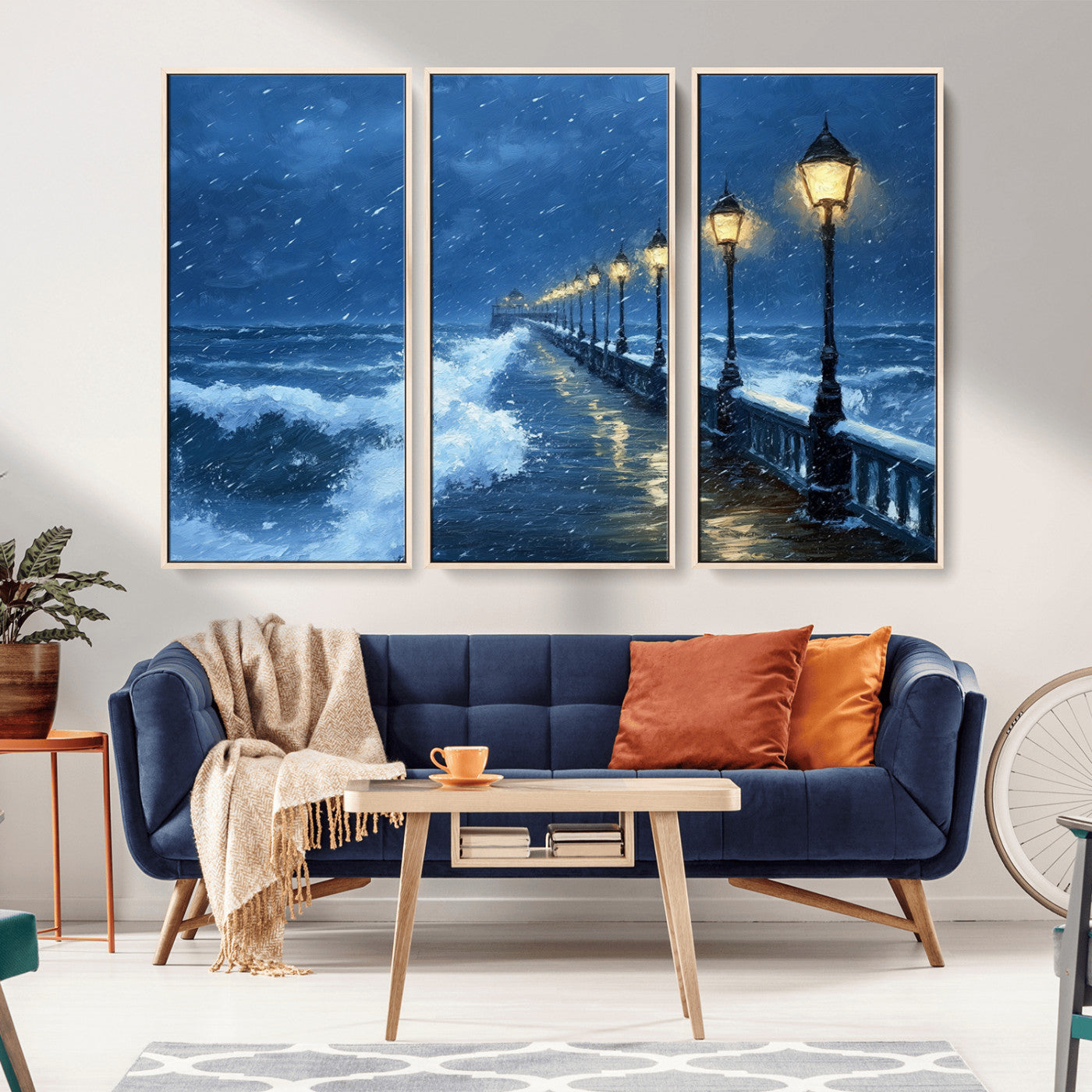 32668-MGV-CV-36X24-Stormy Pier Wall Art – Ocean Waves and Street Lamps Canvas Print, Rainy Night Seascape Oil Painting Poster for Living Room,