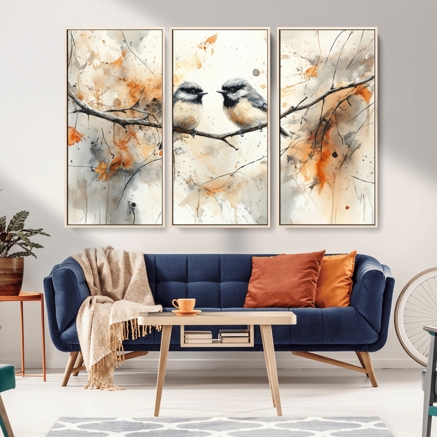 98244-MGV-CV-36X24-Bird Wall Art – Watercolor Songbirds on Branch Canvas Print, Nature Painting Poster with Autumn Leaves for Living Room, Bedroom,