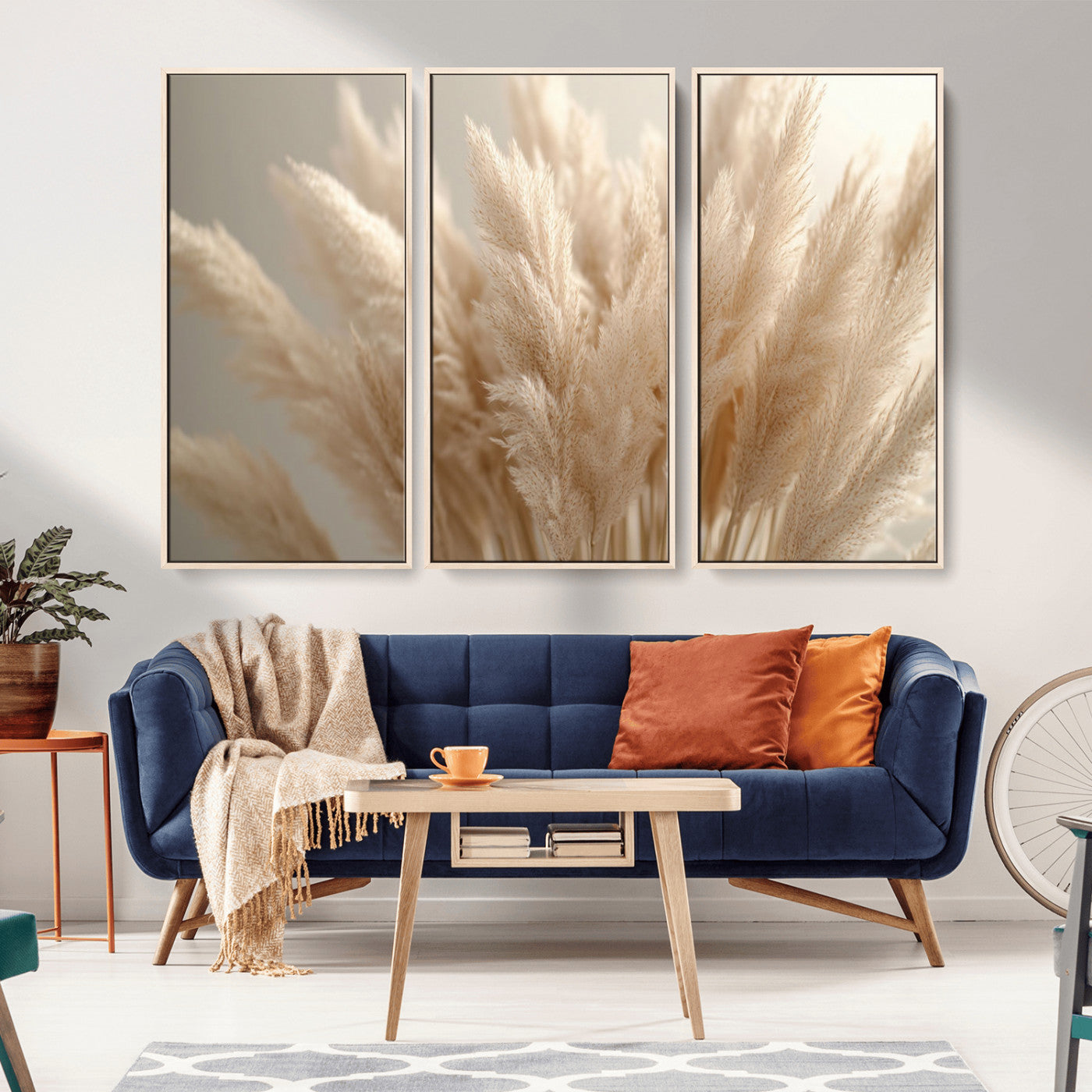 50300-MGV-FC-48X32-3P_Natural-Pampas Grass Wall Art Canvas Print, Framed Minimalist Pampas Grass Art Picture Print, Beige Pampas Grass Perfect Minimalist Boho