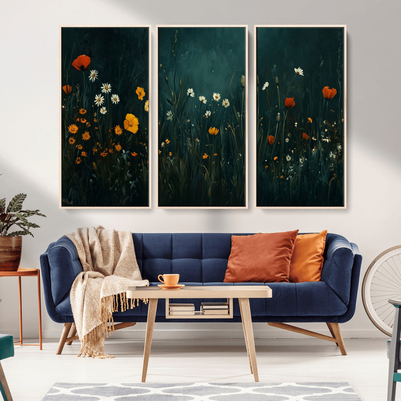 87037-MGV-FC-48X32-3P_Natural-Wildflower Wall Art – Dark Botanical Floral Canvas Print, Modern Nature Painting Poster with Daisies Poppies Orange Flowers for