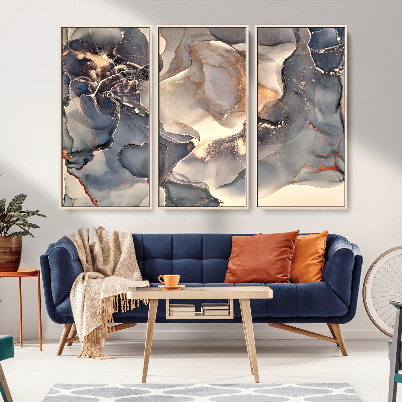 18202-MGV-CV-36X24-Abstract Neutral Wall Art – Blue, Beige and Gold Fluid Ink Canvas Print, Modern Minimalist Painting for Living Room, Office