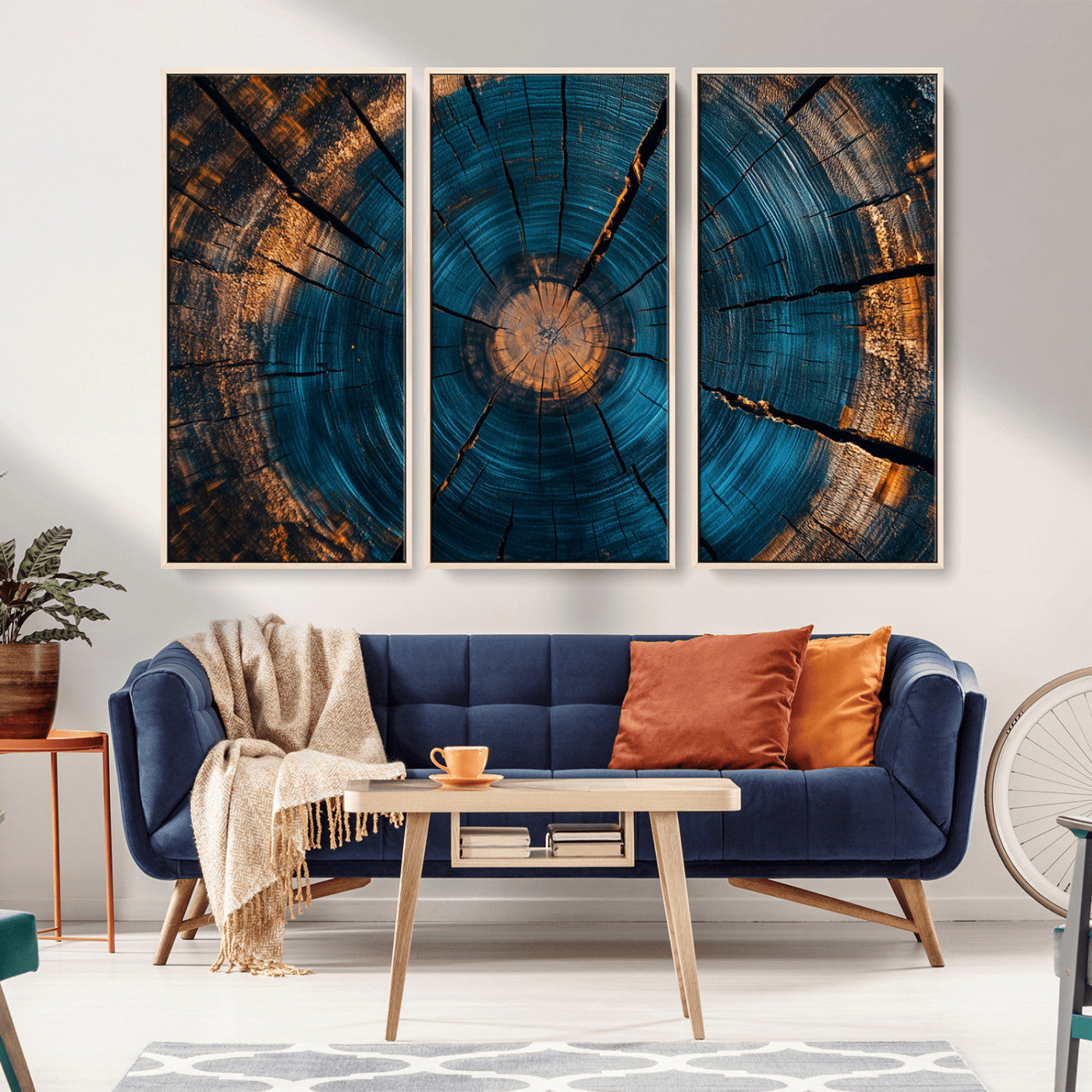 13398-MGV-CV-36X24-Tree Ring Wall Art – Abstract Wood Grain Canvas Print with Blue and Orange Accents, Rustic Nature Inspired Artwork for Living