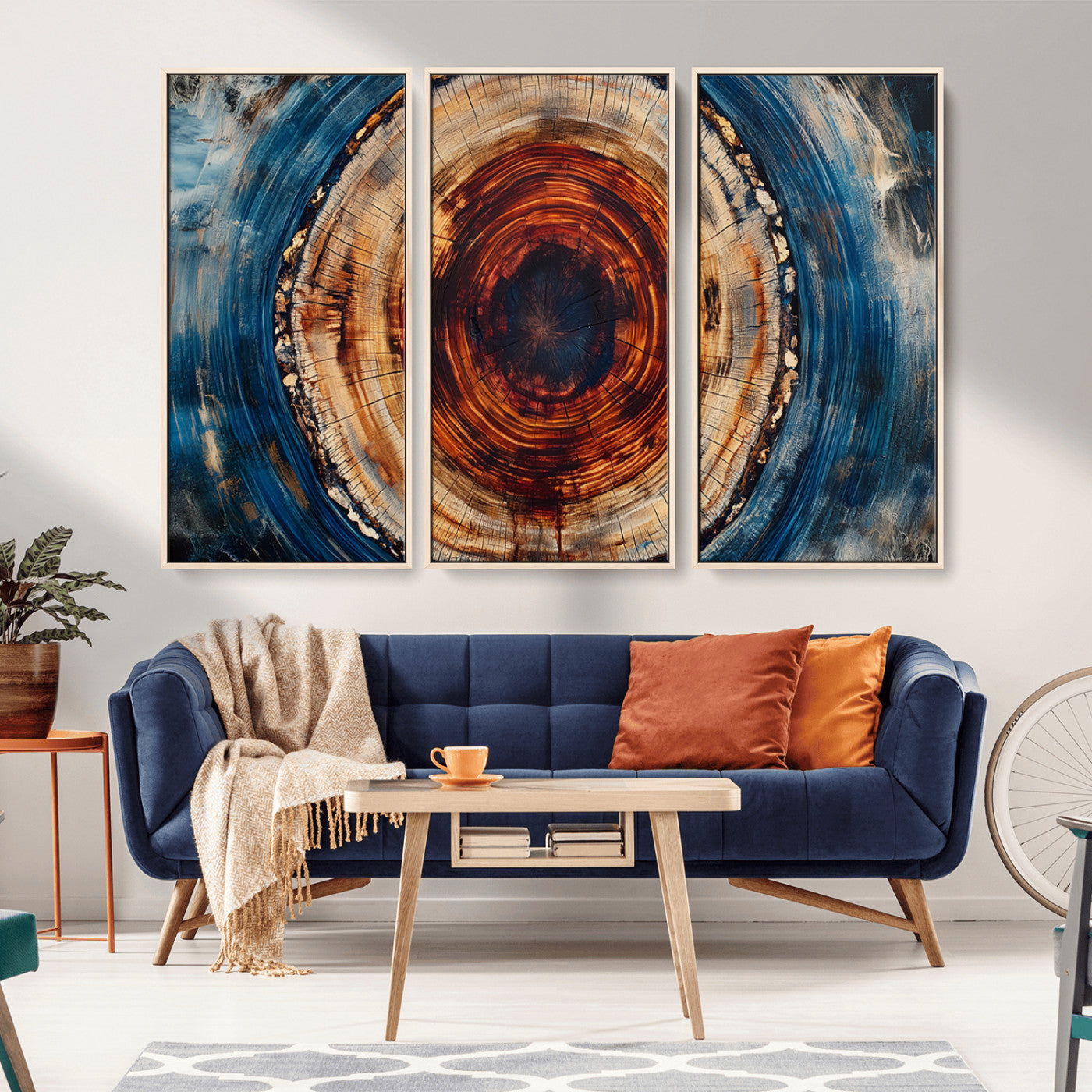 90395-MGV-CV-36X24-Tree Ring Wall Art – Abstract Wood Grain Canvas Print with Fiery Red and Blue Tones, Bold Rustic Nature Inspired Artwork Decor for