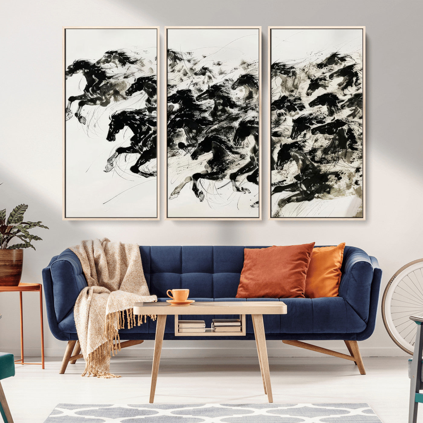 23069-MGV-CV-36X24-Galloping Horses Wall Art – Black Ink Painting on Canvas, Dynamic Equestrian Artwork with Running Stallions, Expressive Modern