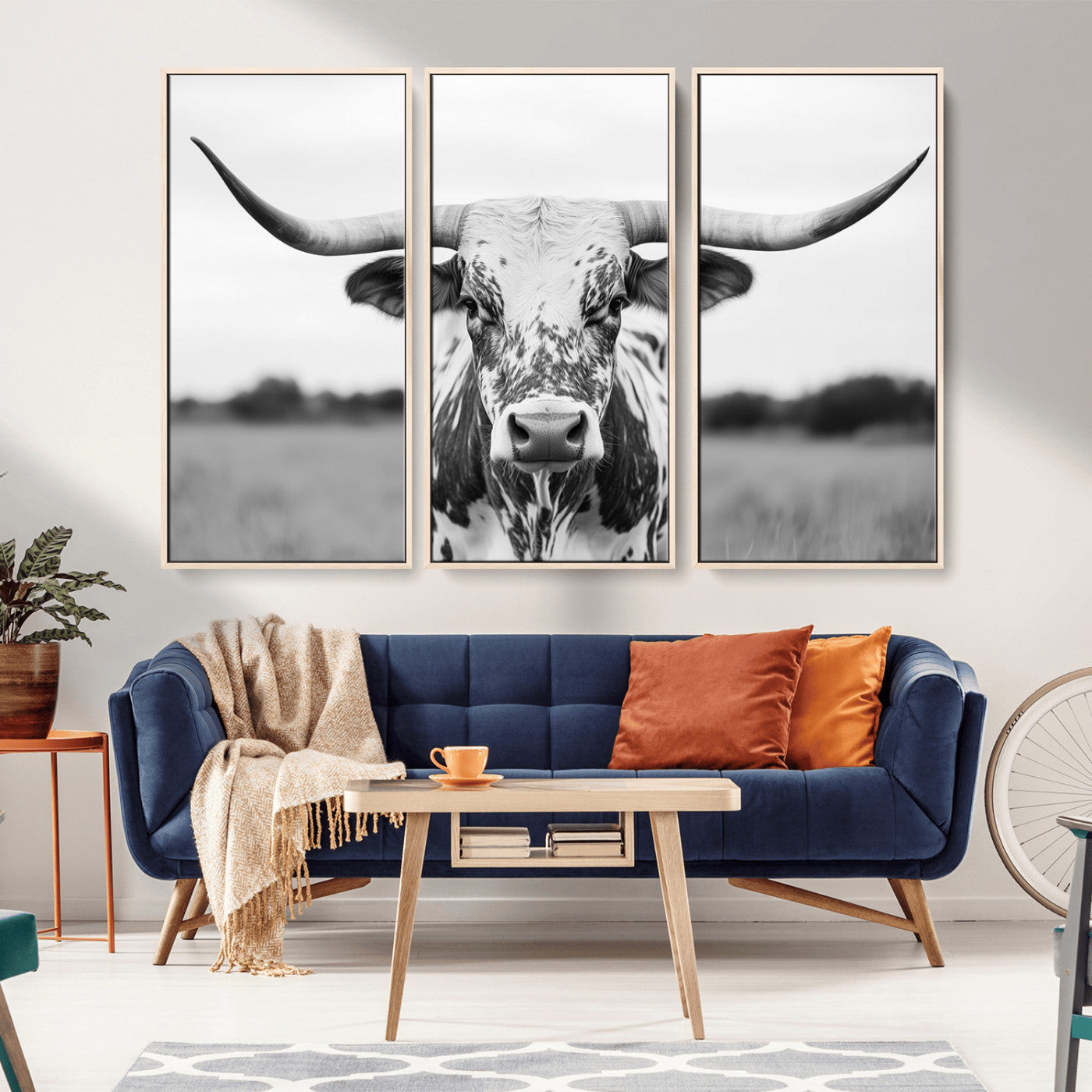 20272-MGV-FC-48X32-3P_Natural-Highland Cow Wall Art – Black and White Western Longhorn Canvas Print, Farmhouse Living Room Decor Southwestern Animal Artwork for
