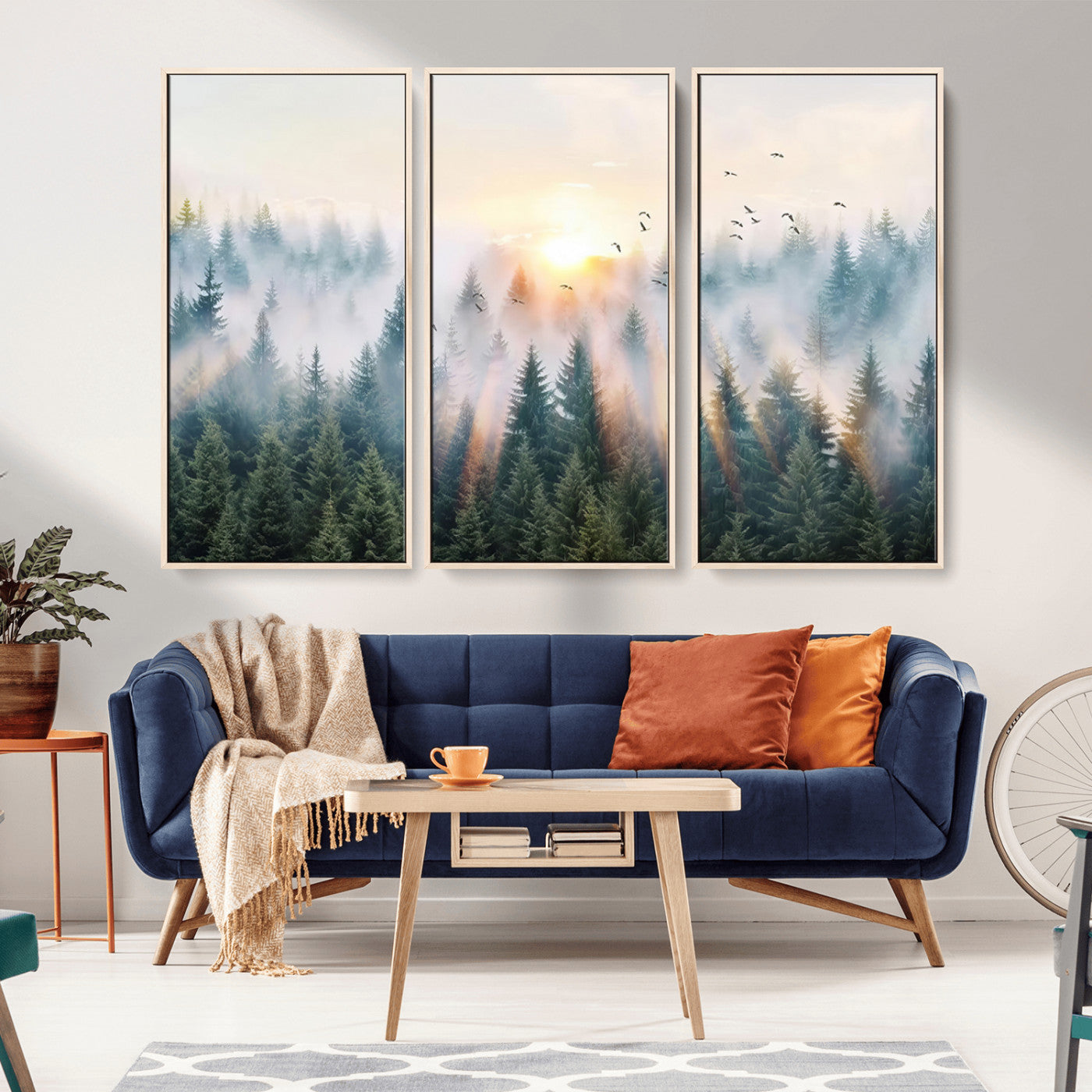 92718976-MGV-CV-36X24-Misty Forest Wall Art Canvas Print, Framed Sunrise Pines Art Picture Print, Foggy Woodland Perfect Moody Woodland Decor Artwork