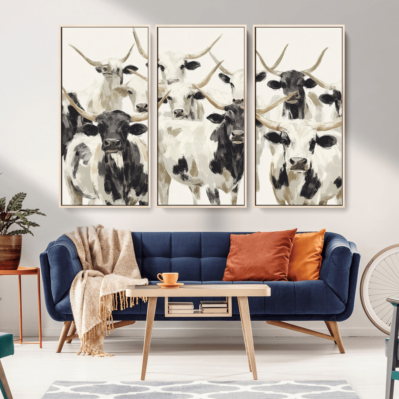 52947970-MGV-FC-48X32-3P_Natural-Texas Longhorn Wall Art Canvas Print, Framed Cattle Herd Art Picture Print, Herd Portrait Perfect Modern Farmhouse Decor Artwork