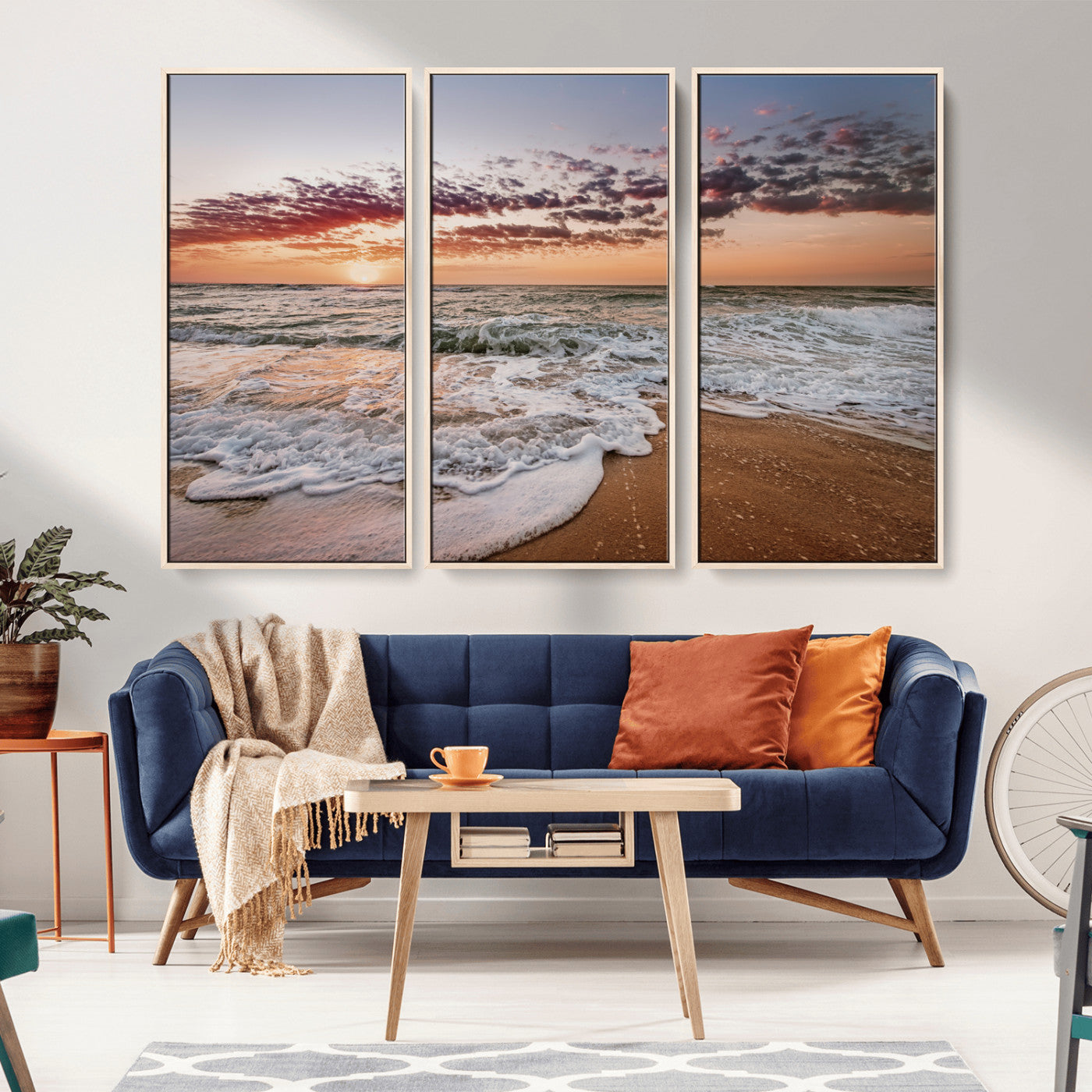 39846389-MGV-FC-48X32-3P_Natural-Ocean Sunset Wall Art Canvas Print, Framed Sandy Shore Art Picture Print, Gentle Waves Perfect Minimalist Coastal Decor Artwork