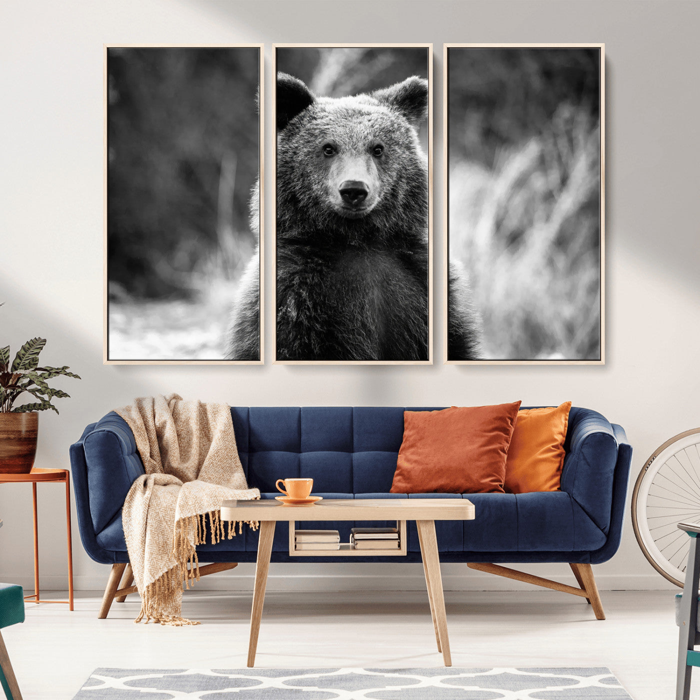 MGV-FC-48X32-3P - Grizzly Bear Wall Art Canvas Print, Framed Black White Bear Art Picture Print, Wild Bear Perfect Rustic Wildlife Decor Artwork
