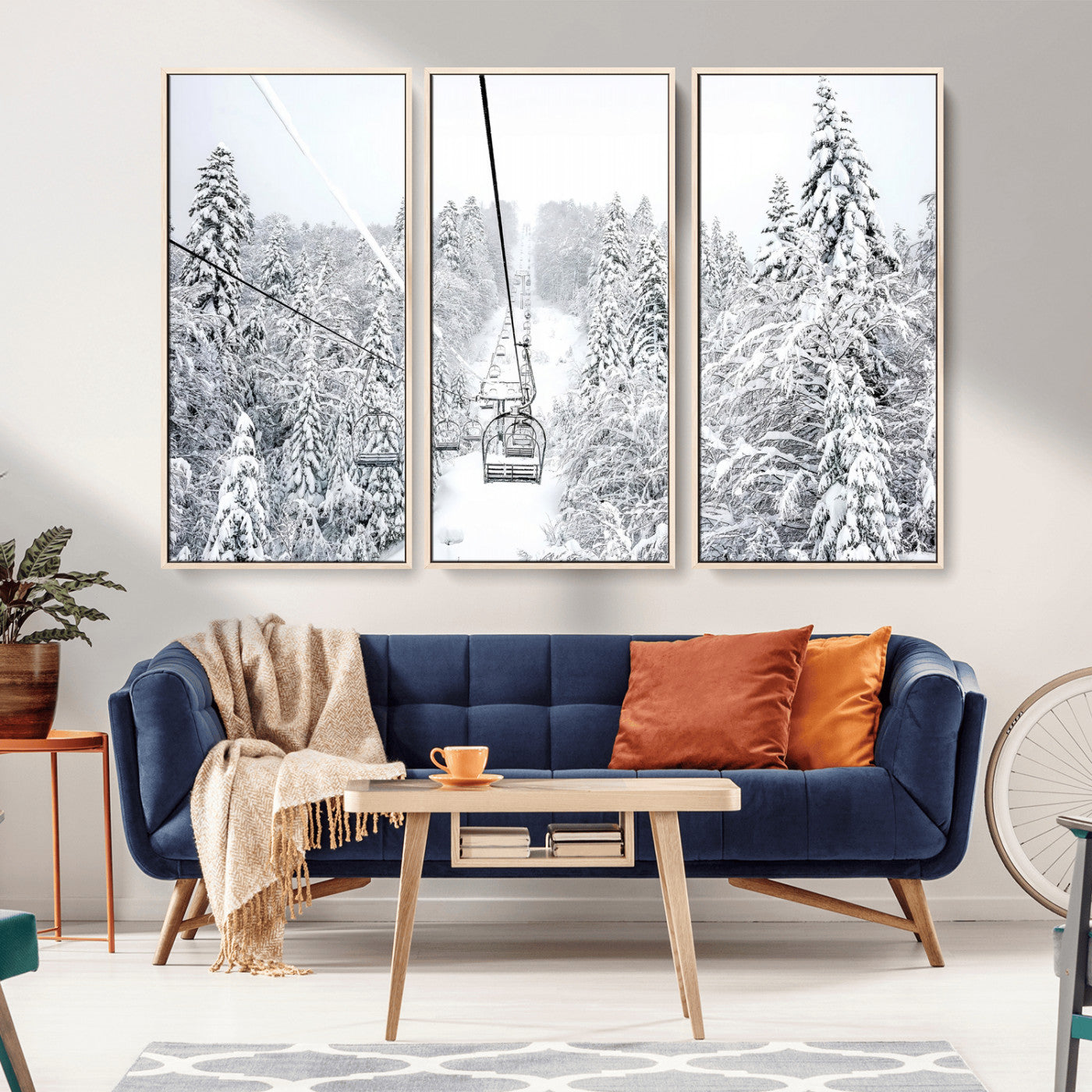 60296839-MGV-CV-36X24-Snowy Mountains Wall Art Canvas Print, Framed Ski Lift Art Picture Print, Winter Forest Perfect Winter Minimalist Decor Artwork