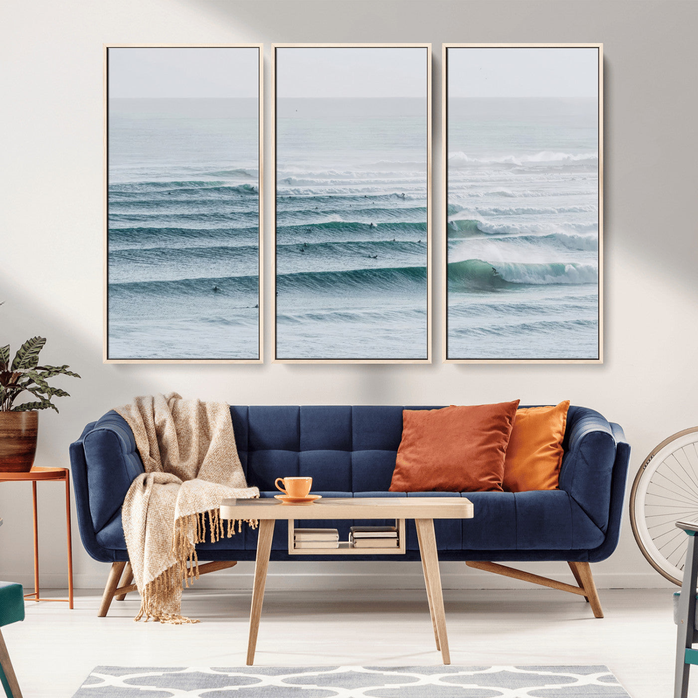 73969318-MGV-FC-48X32-3P_Natural-Ocean Waves Wall Art Canvas Print, Framed Surfer Lineup Art Picture Print, Crowded Ocean Perfect Minimal Coastal Decor Artwork