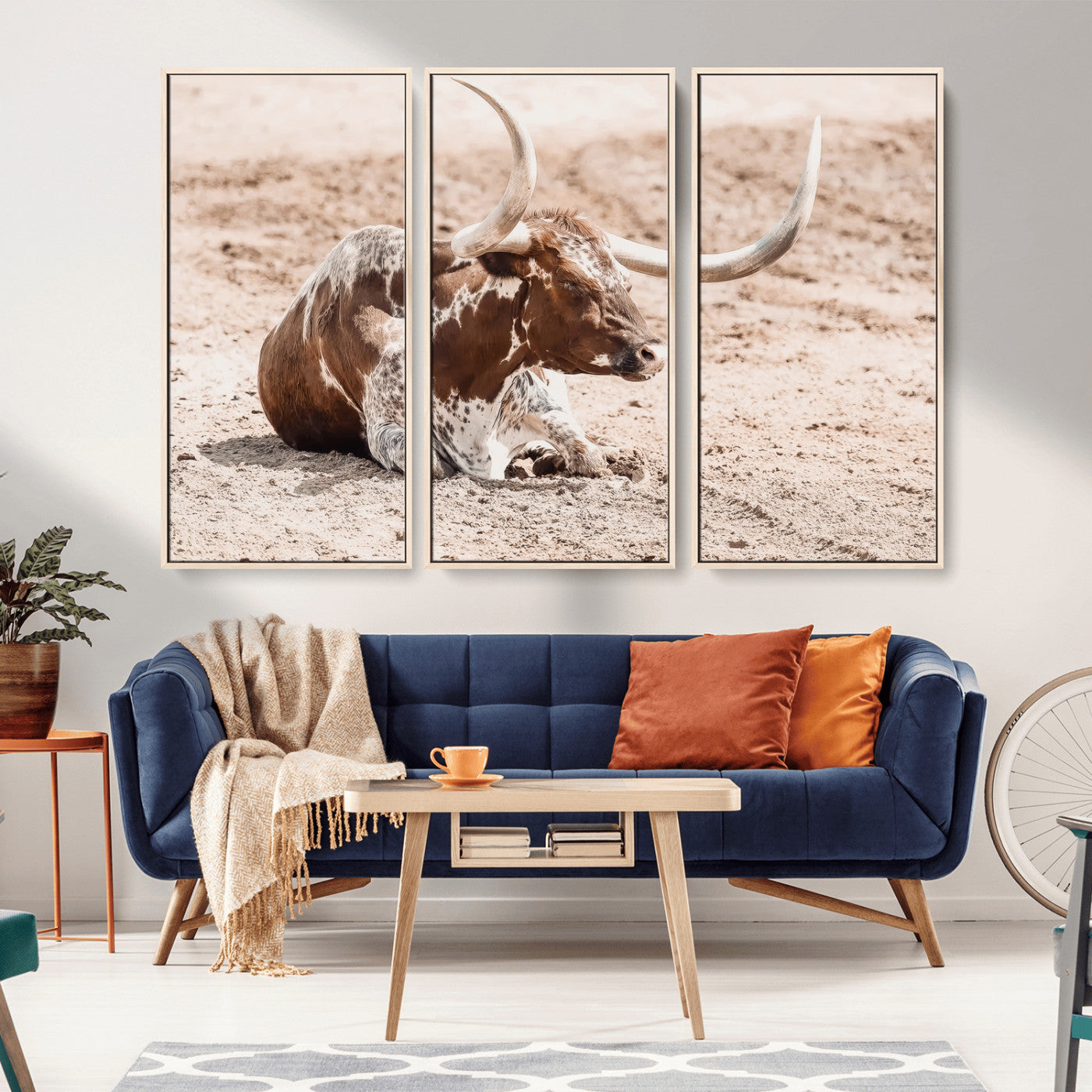 25407592-MGV-FC-48X32-3P_Natural-Texas Longhorn Wall Art Canvas Print, Framed Resting Bull Art Picture Print, Spotted Cattle Perfect Rustic Western Decor Artwork