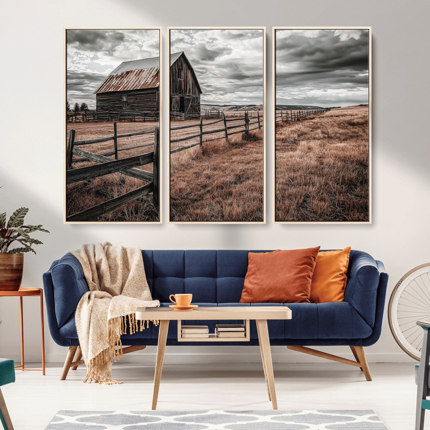 73898372-MGV-FC-48X32-3P_Natural-Rustic Barn Wall Art Canvas Print, Framed Moody Field Art Picture Print, Weathered Fence Perfect Moody Farmhouse Decor Artwork