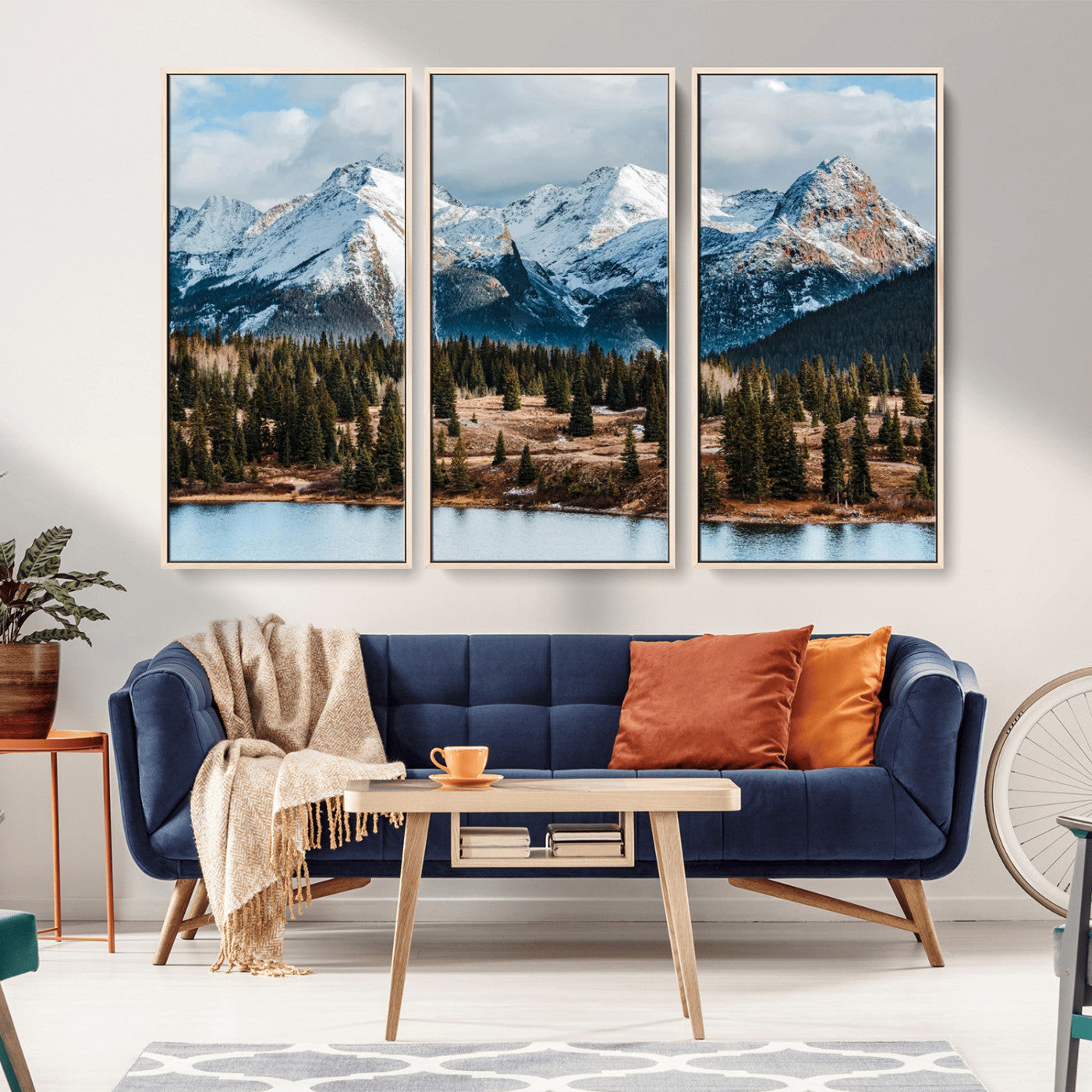 36247746-MGV-FC-48X32-3P_Natural-Snowy Peaks Wall Art Canvas Print, Framed Alpine Lake Art Picture Print, Pine Forest Perfect Alpine Wilderness Decor Artwork