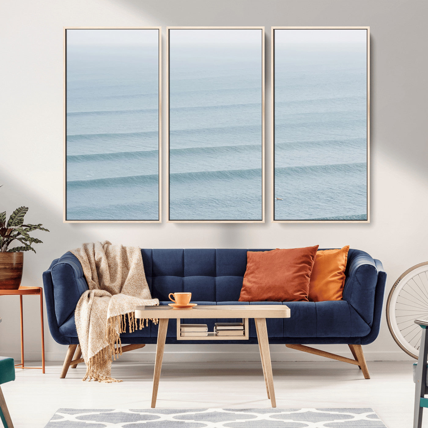 47814787-MGV-CV-36X24-Ocean Waves Wall Art Canvas Print, Framed Solo Surfer Art Picture Print, Wave Lines Perfect Minimalist Ocean Decor Artwork