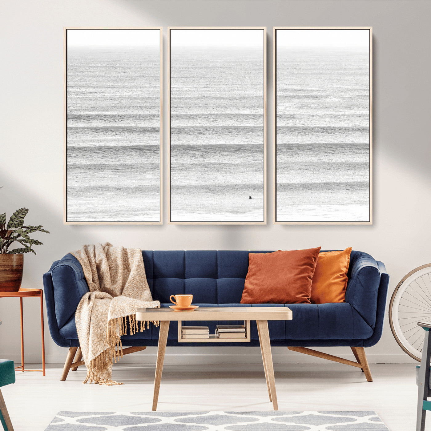 66534476-MGV-FC-48X32-3P_Natural-Lone Surfer Wall Art Canvas Print, Framed Ocean Waves Art Picture Print, Minimal Sea Perfect Minimal Coastal Decor Artwork