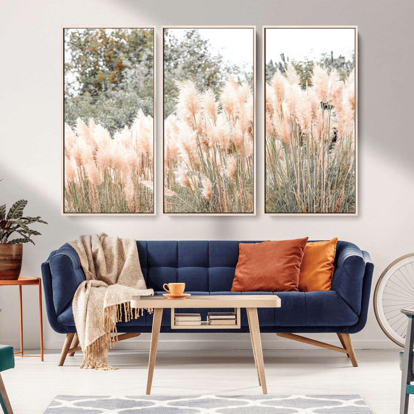 21826392-MGV-FC-48X32-3P_Natural-Pampas Grass Wall Art Canvas Print, Framed Soft Pampas Art Picture Print, Pastel Grasses Perfect Soft Neutral Boho Decor Artwork