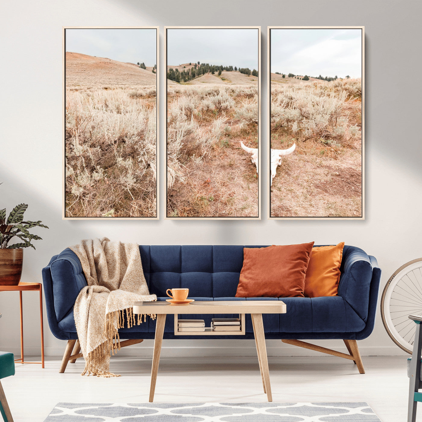 97234735-MGV-FC-48X32-3P_Natural-Rustic Bones Wall Art Canvas Print, Framed Desert Sage Art Picture Print, Prairie Skull Perfect Minimal Rustic Decor Artwork