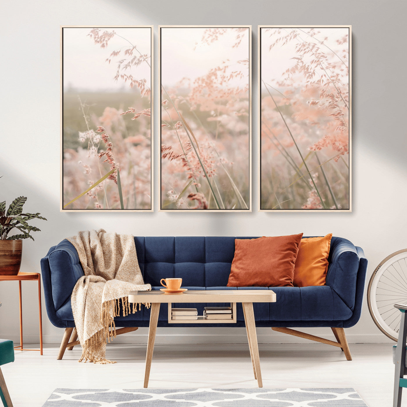 79164340-MGV-FC-48X32-3P_Natural-Pastel Grasses Wall Art Canvas Print, Framed Soft Meadow Art Picture Print, Field in Breeze Perfect Pastel Minimal Decor Artwork