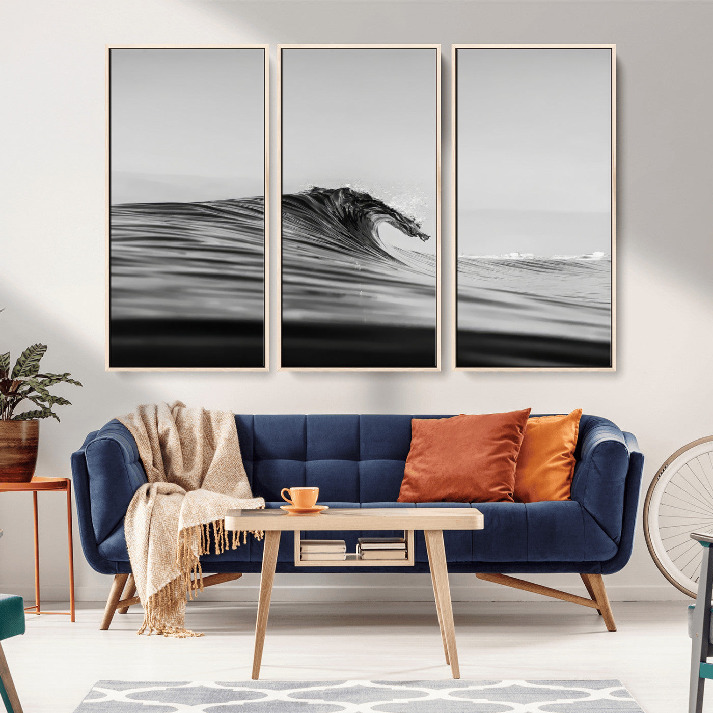 24029476-MGV-FC-48X32-3P_Natural-Black Wave Wall Art Canvas Print, Framed Abstract Surf Art Picture Print, Minimalist Ocean Perfect Minimalist Coastal Decor