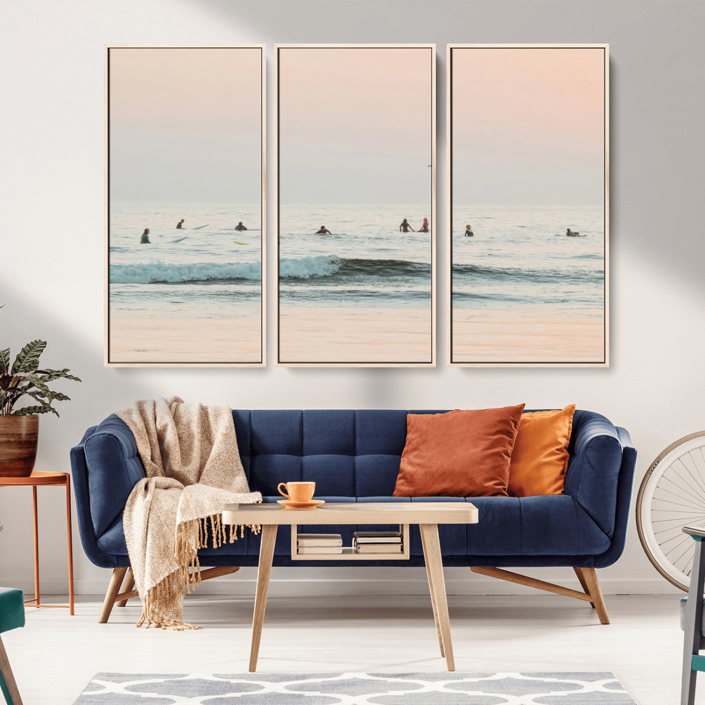 98888919-MGV-FC-48X32-3P_Natural-Pastel Ocean Wall Art Canvas Print, Framed Soft Sunset Swimming Art Picture Print, Calm Sea Horizon Perfect Soft Coastal