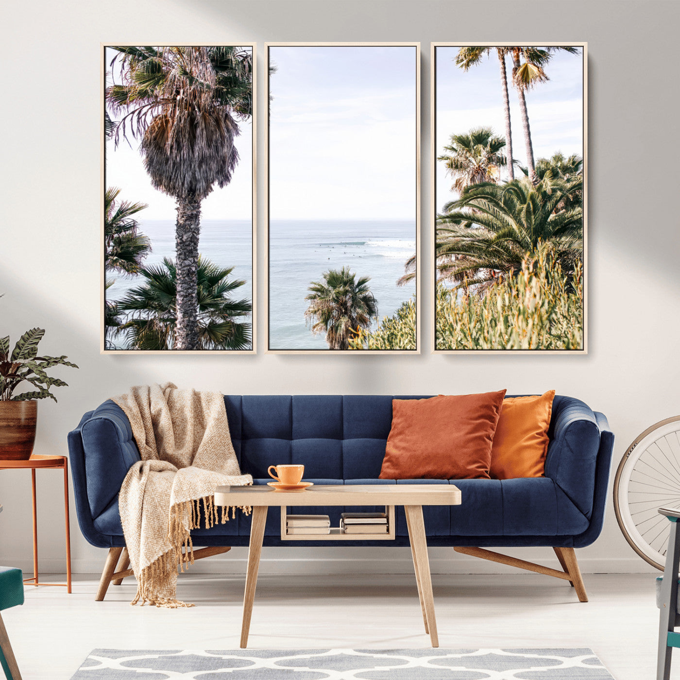 51404565-MGV-FC-48X32-3P_Natural-Palm Trees Wall Art Canvas Print, Framed Ocean Breeze Art Picture Print, Coastal View Perfect Tropical Coastal Decor Artwork