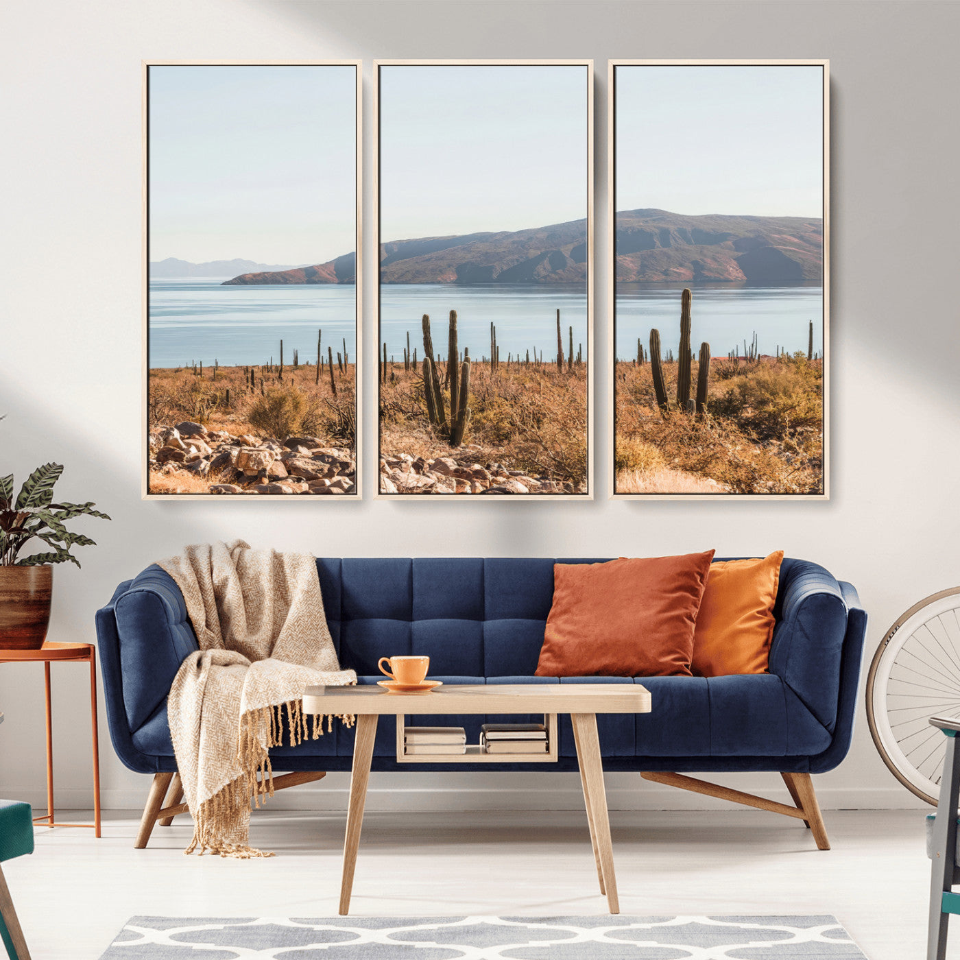 45193515-MGV-CV-36X24-Desert Cactus Wall Art Canvas Print, Framed Baja Coastline Art Picture Print, Coastal Desert Perfect Southwestern Minimalist Decor