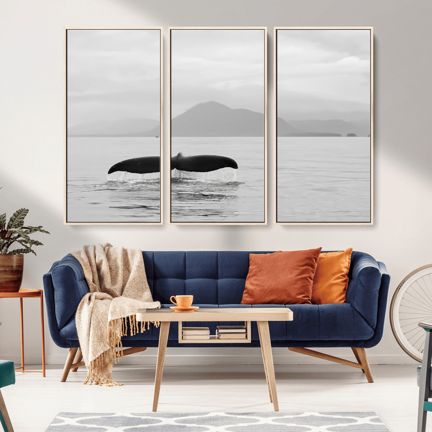 30524220-MGV-CV-36X24-Whale Tail Wall Art Canvas Print, Framed Black White Ocean Art Picture Print, Calm Marine Perfect Minimalist Coastal Decor Artwork